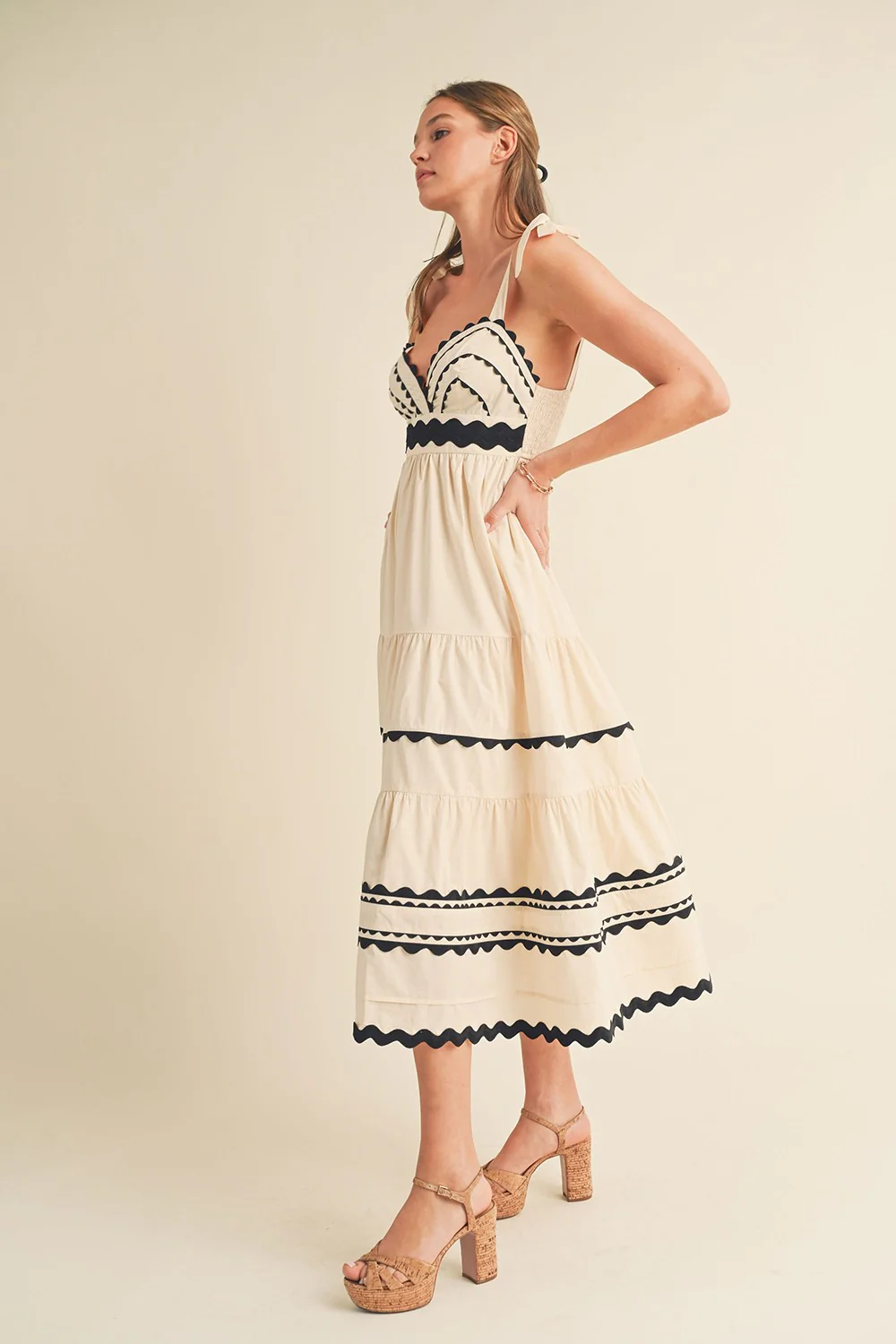 Almond Cream Tiered Trim Midi Dress - Image 2