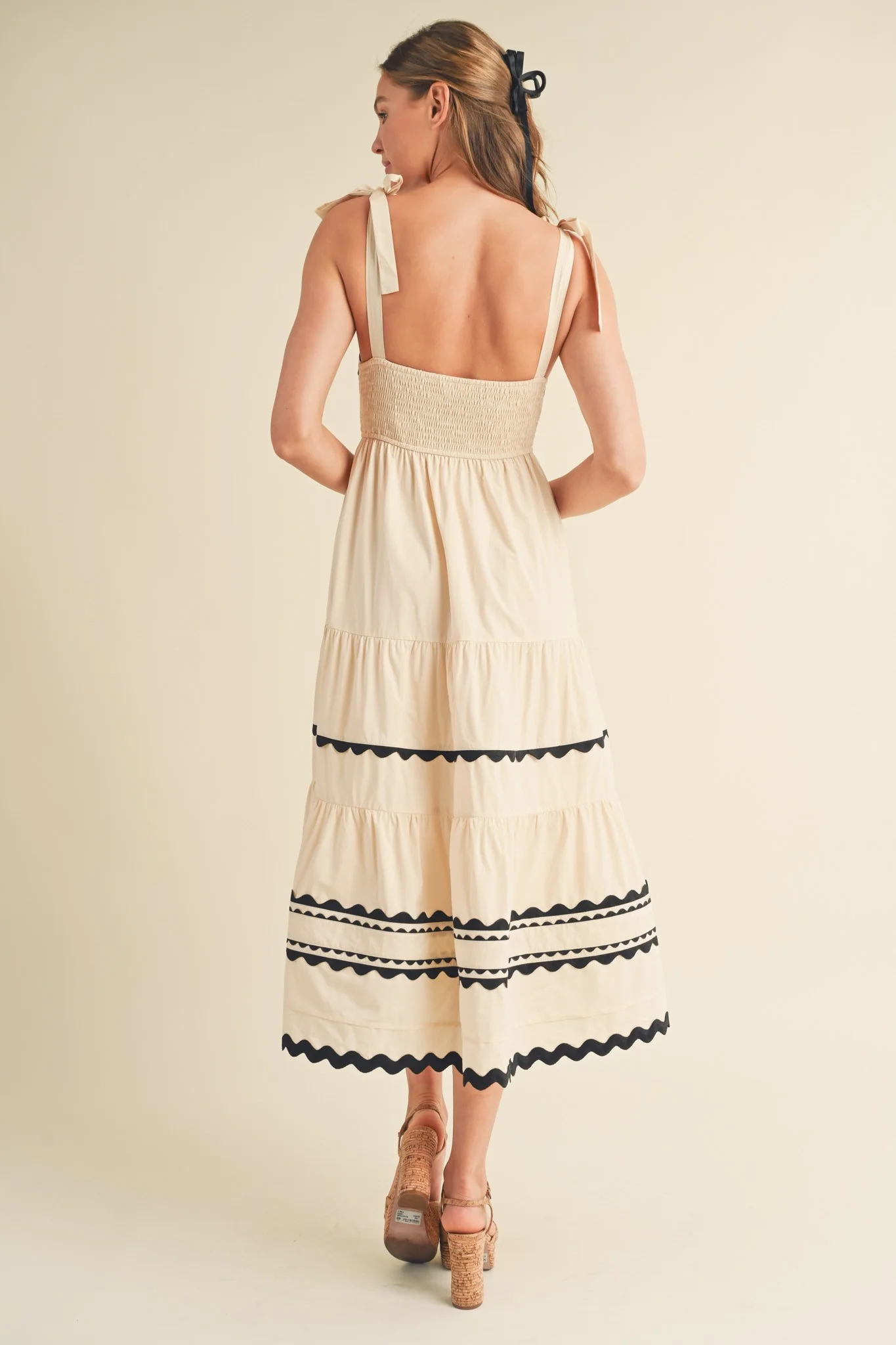 Almond Cream Tiered Trim Midi Dress - Image 3