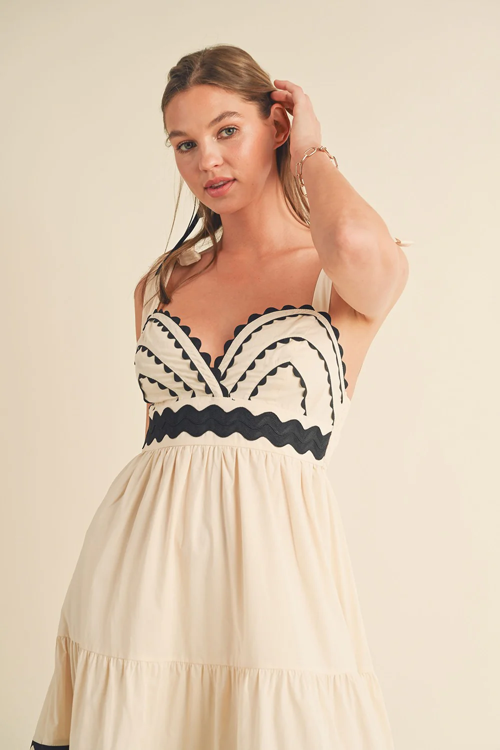 Almond Cream Tiered Trim Midi Dress - Image 4