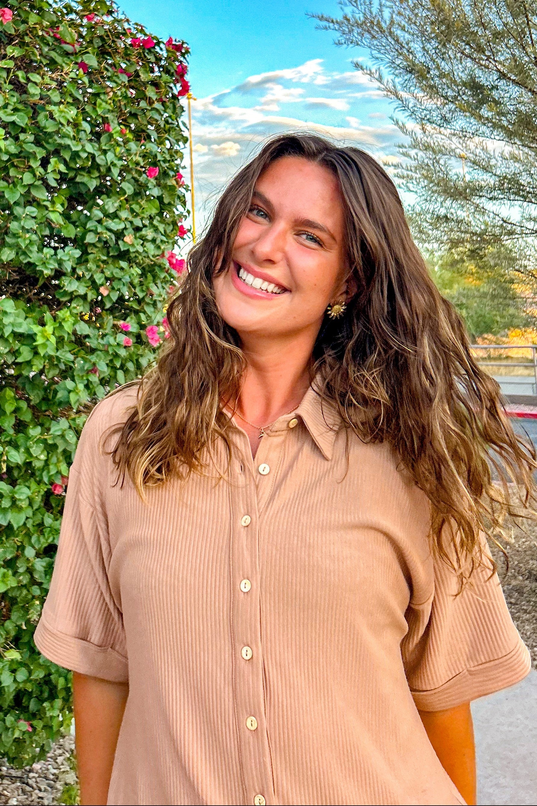 Almond Ribbed Button Down Romper - Image 6