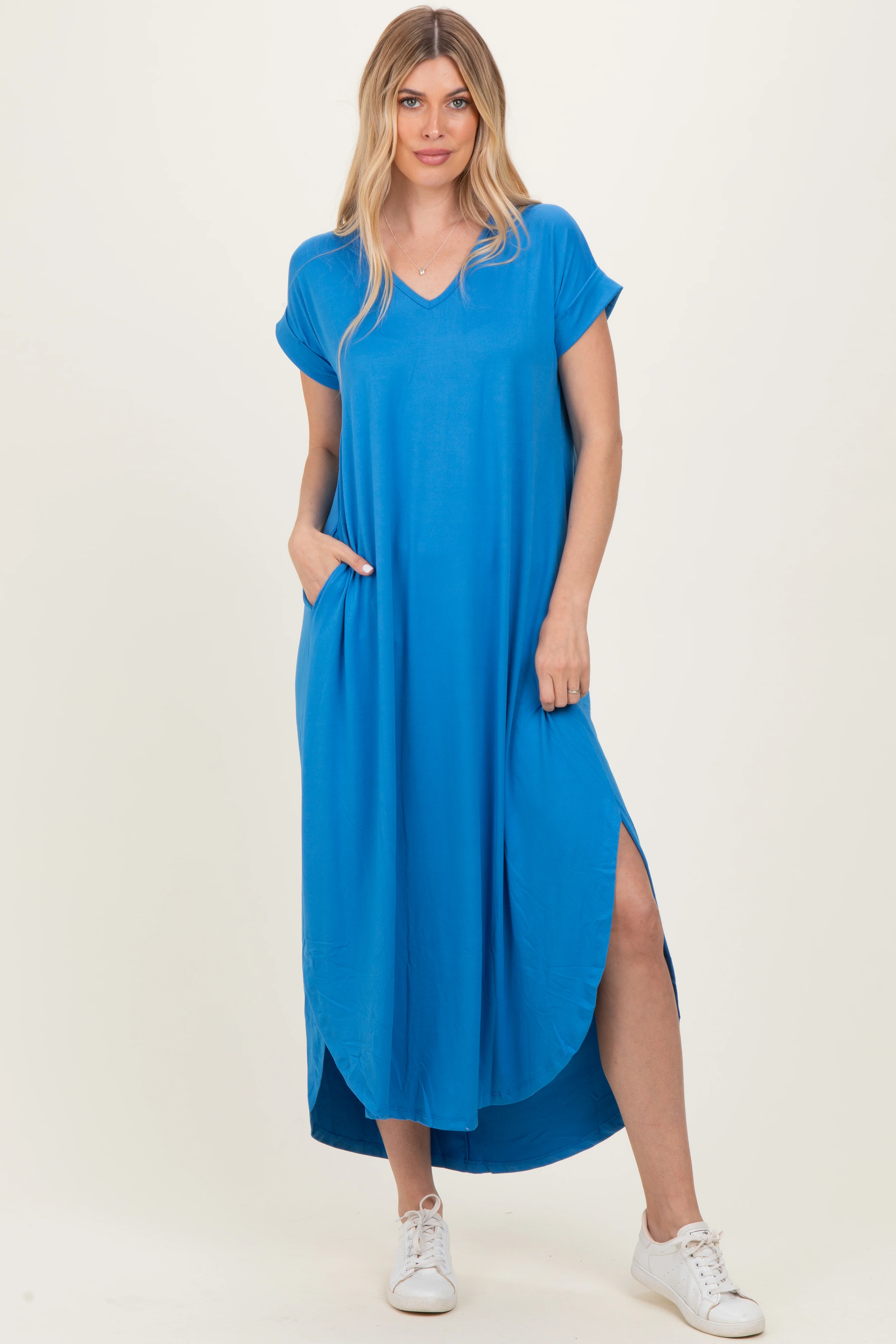 Aqua Blue Side Slit Maternity Maxi Dress - Image 5