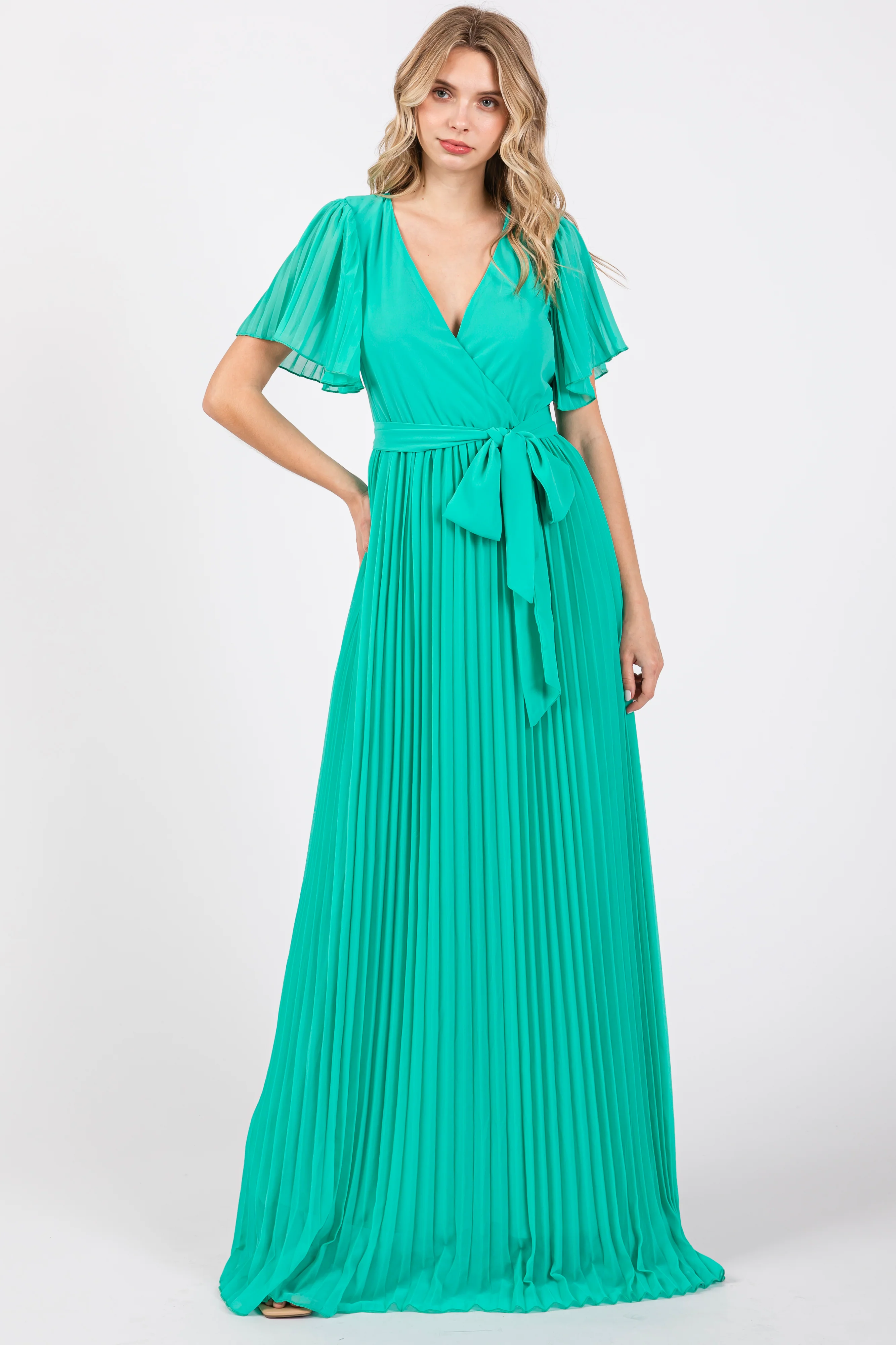 Aqua Chiffon Wrap Front V-Neck Short Sleeve Pleated Maternity Maxi Dress - Image 5