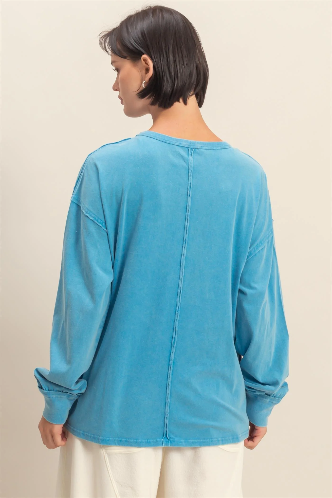Aqua Oversized Washed Long Sleeve Pocket Top - Image 3