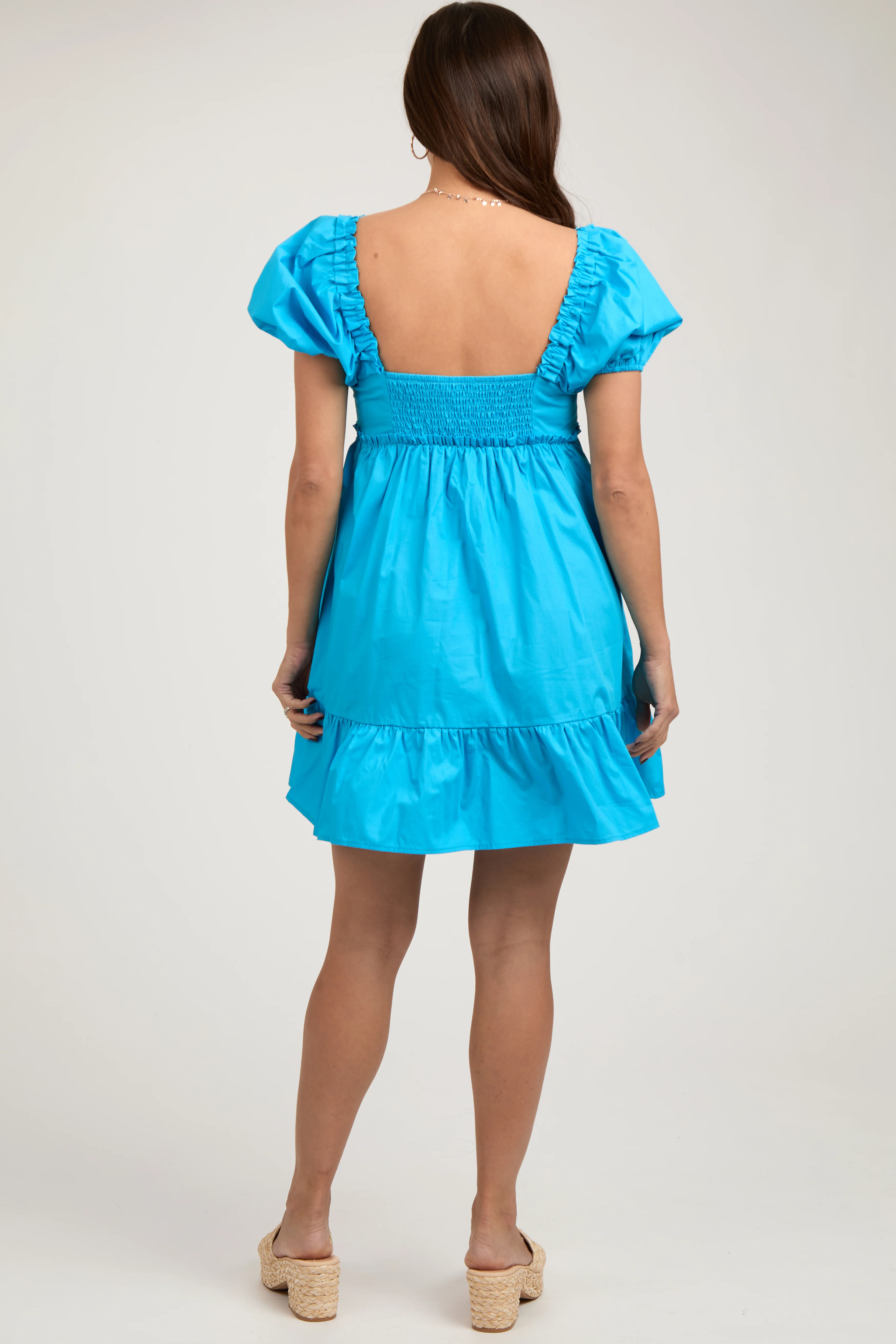 Aqua Puff Sleeve Ruffle Accent Maternity Mini Dress - Image 4