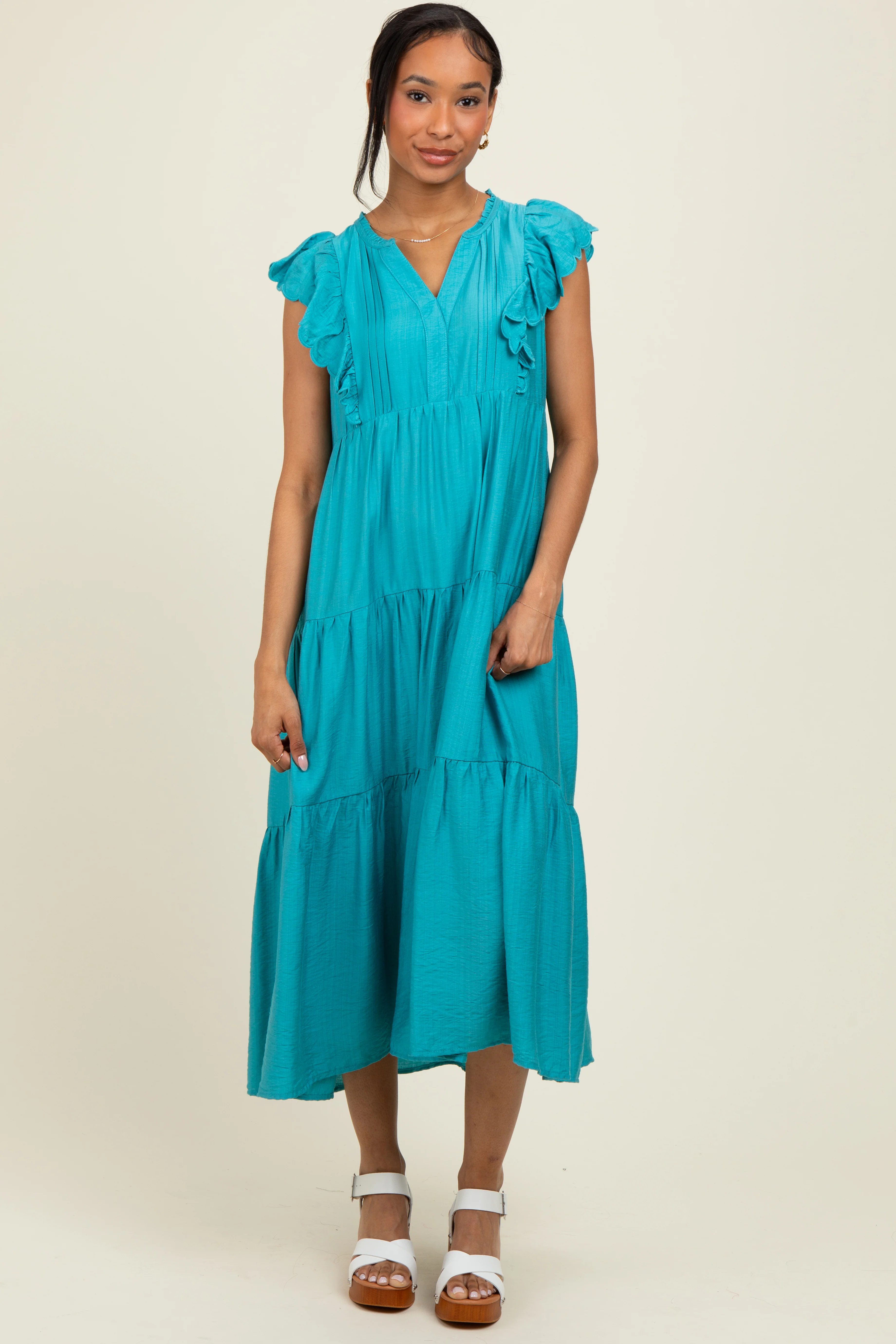 Aqua Ruffle Sleeve Tiered Maternity Midi Dress - Image 3