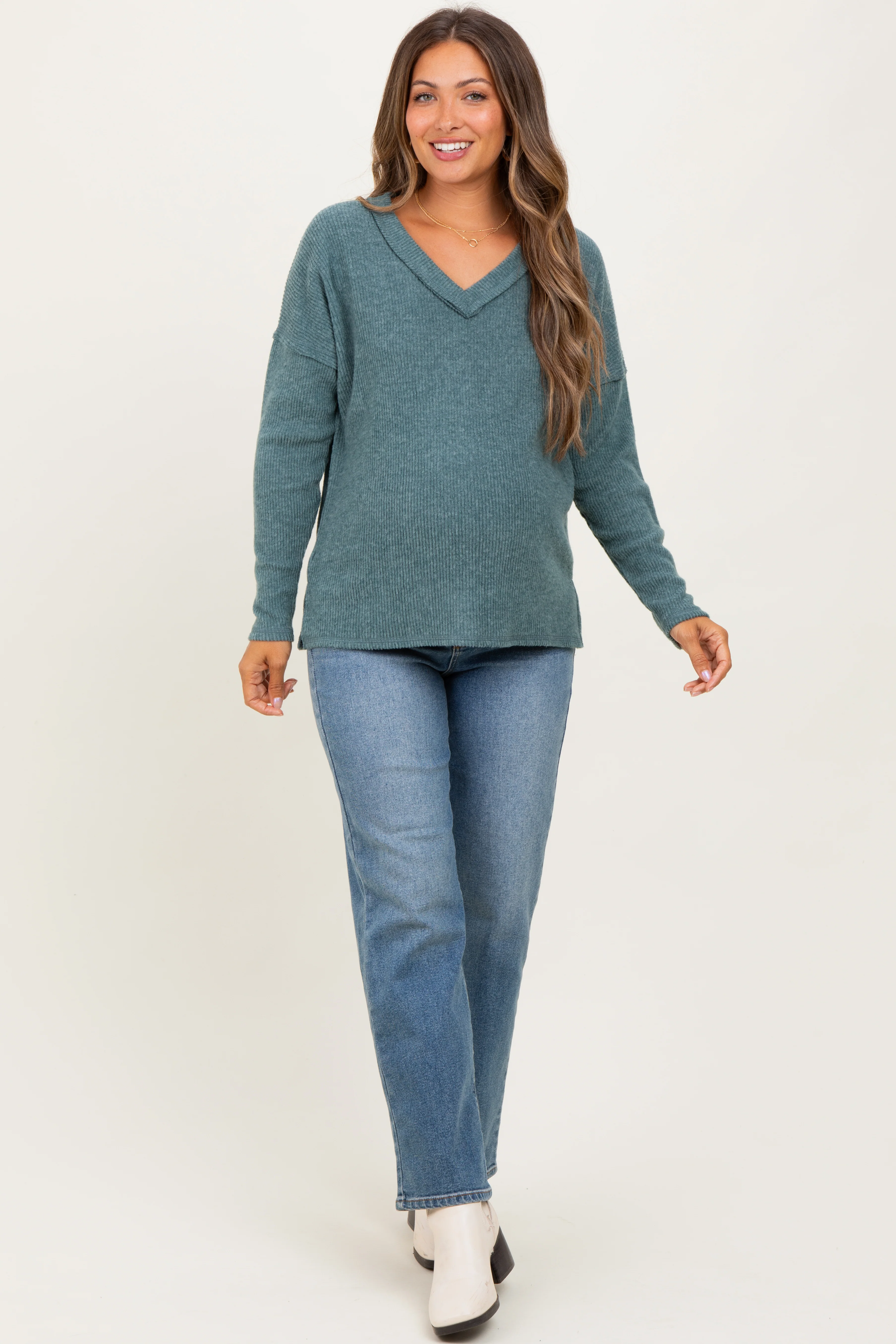Ash Jade Ribbed V-Neck Long Sleeve Maternity Top - Image 2