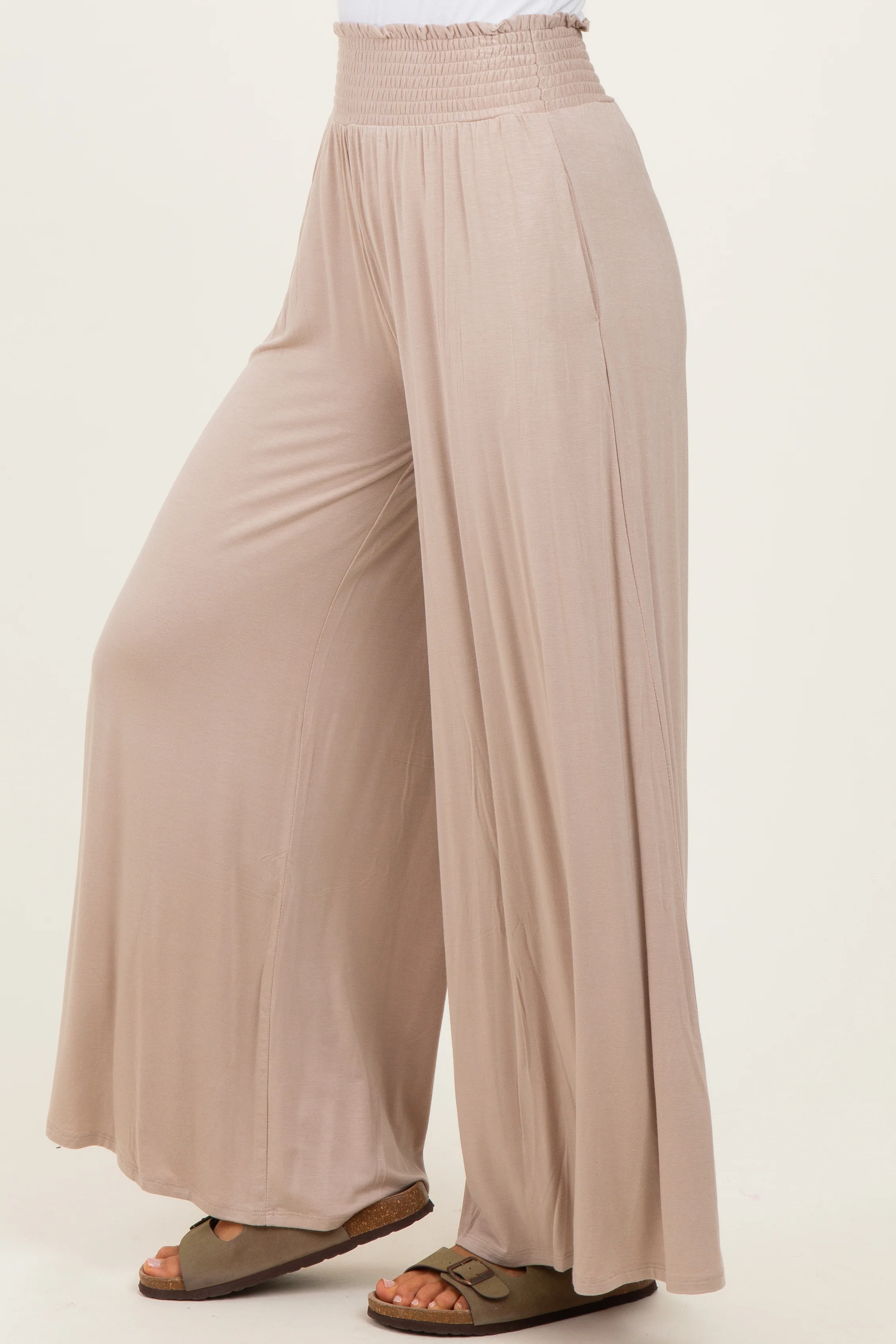 Ash Mocha Smocked Waist Wide Leg Pants - Image 3