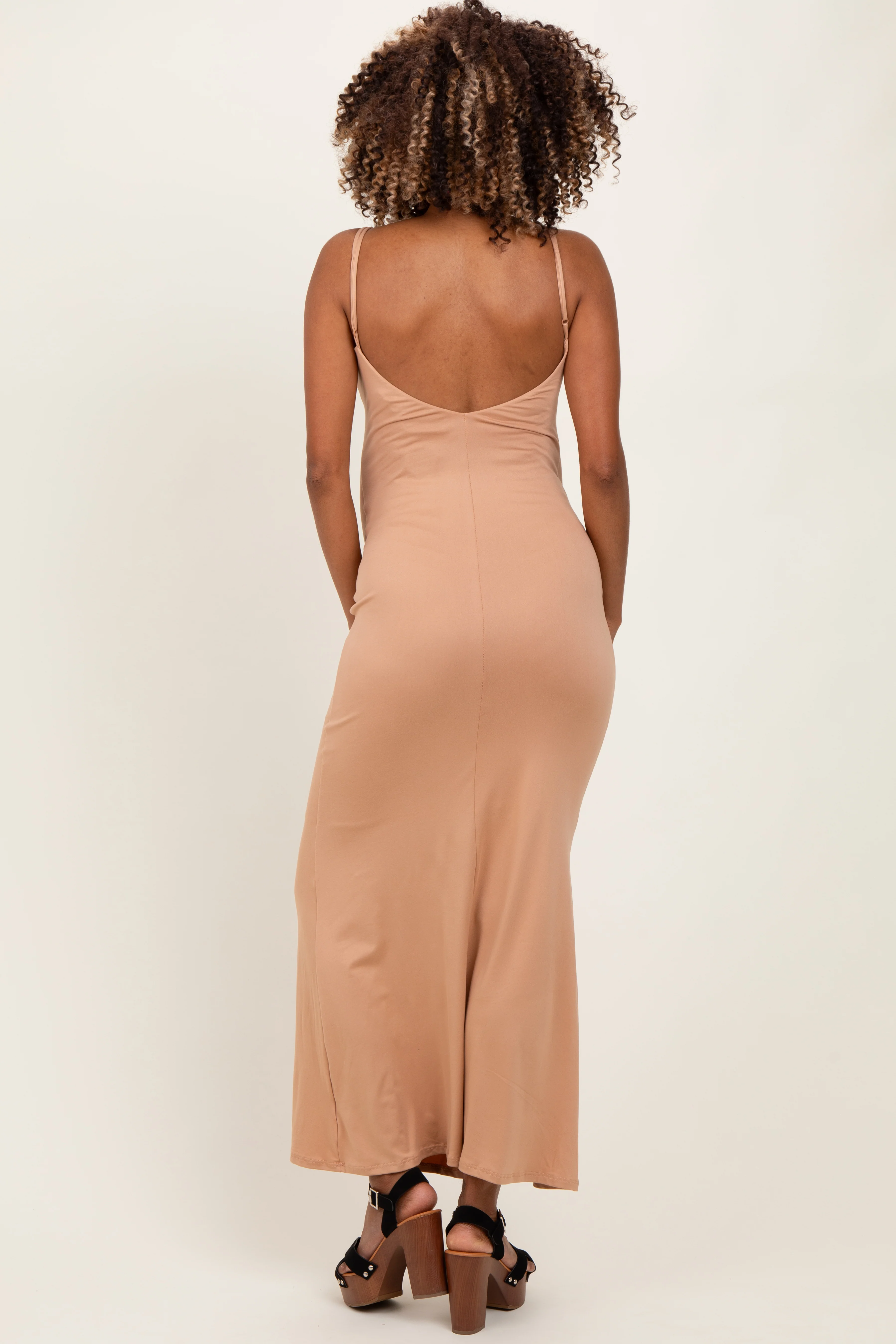 Beige Backless Fishtail Sleeveless Maternity Maxi Dress - Image 3