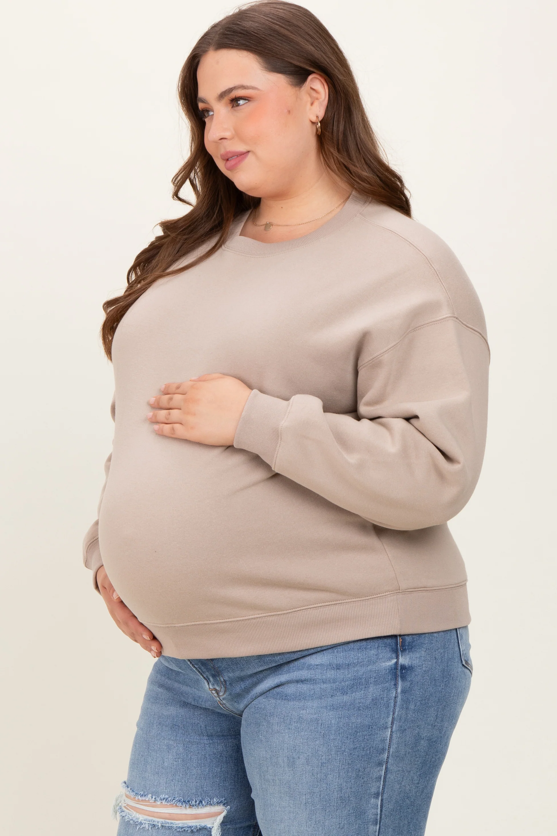 Beige Basic Fleece Crewneck Maternity Sweatshirt - Image 3