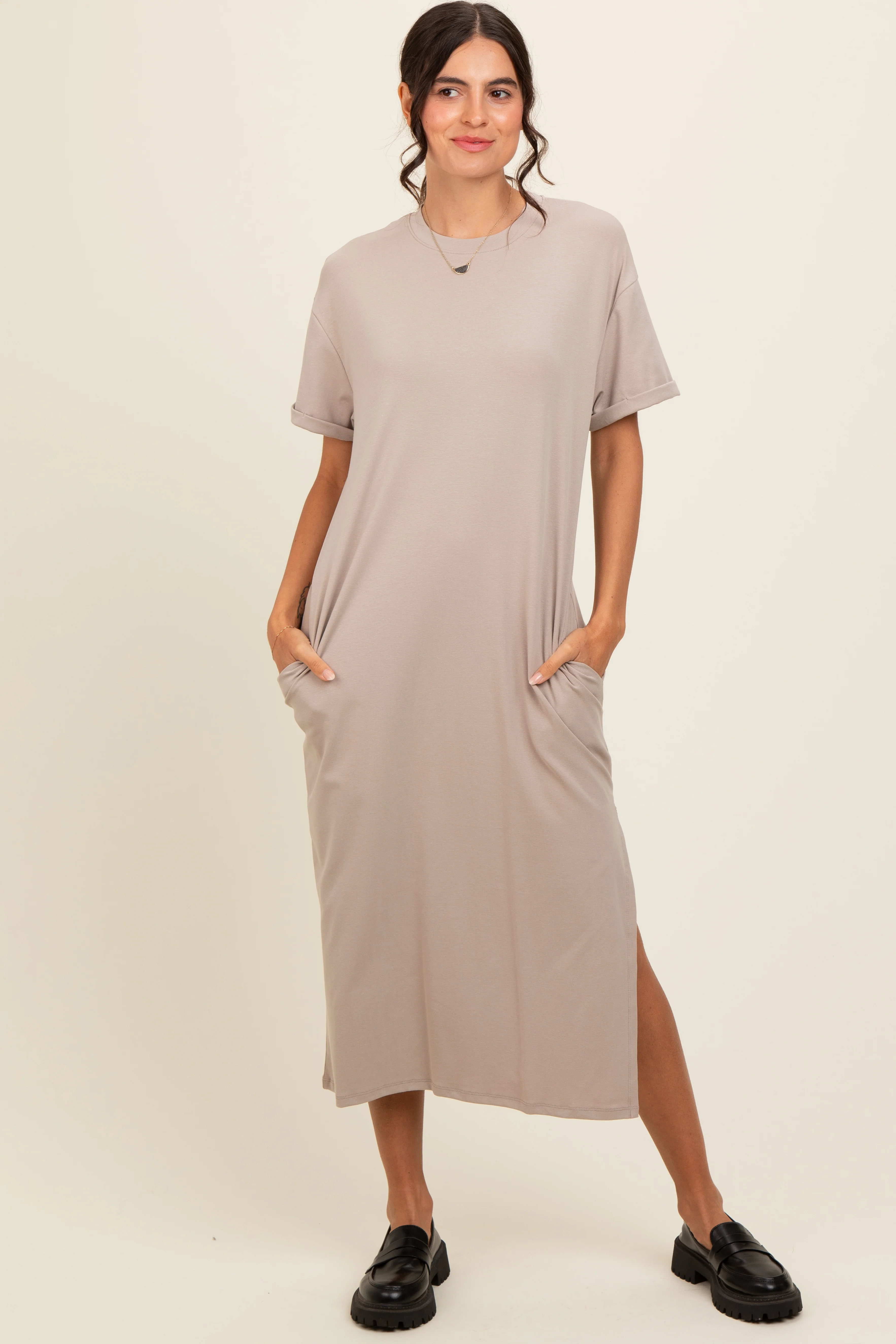 Beige Basic Side Slit Maternity Midi Dress - Image 5