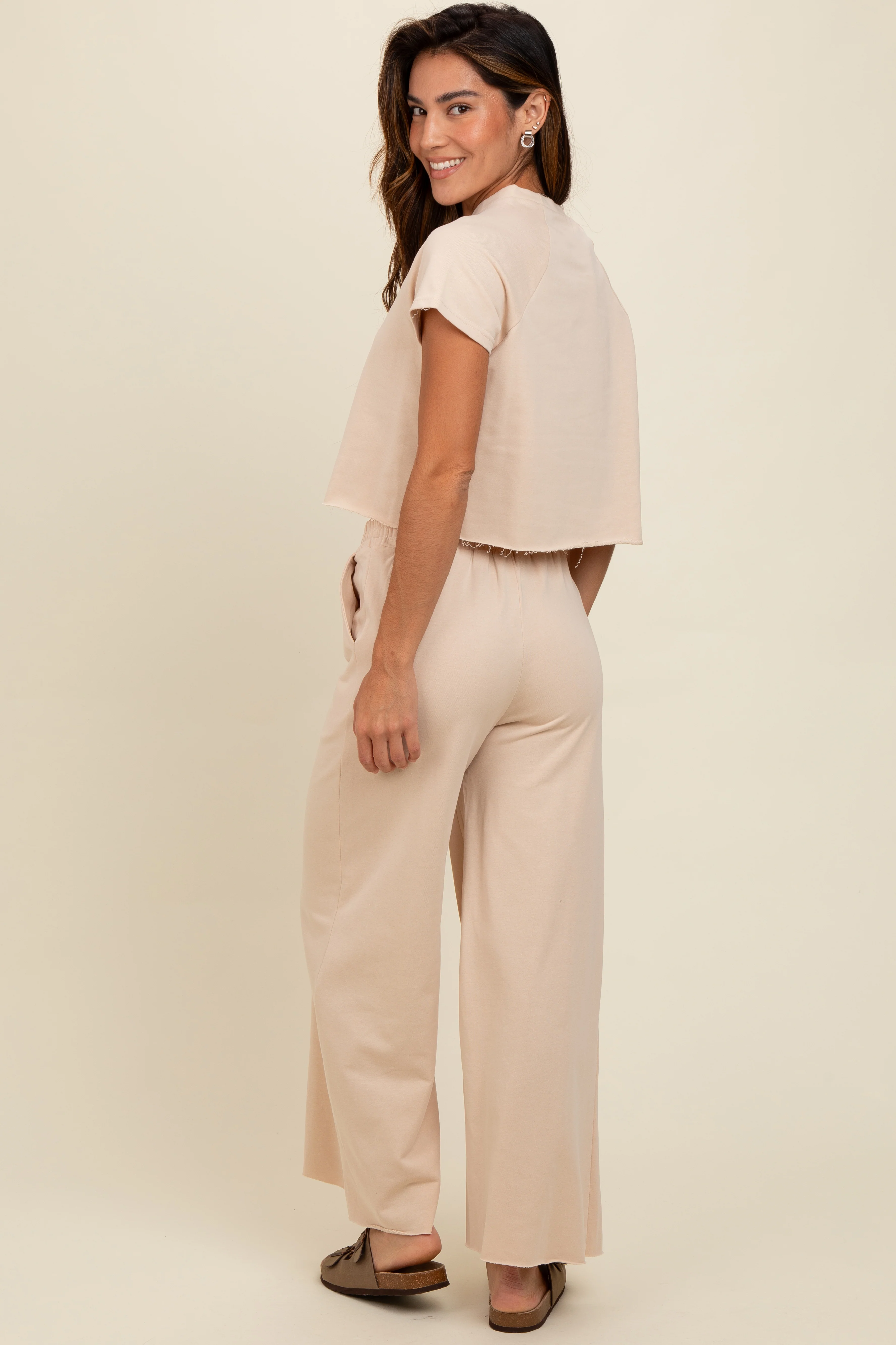 Beige Basic Tee And Wide Leg Pant Set - Image 4