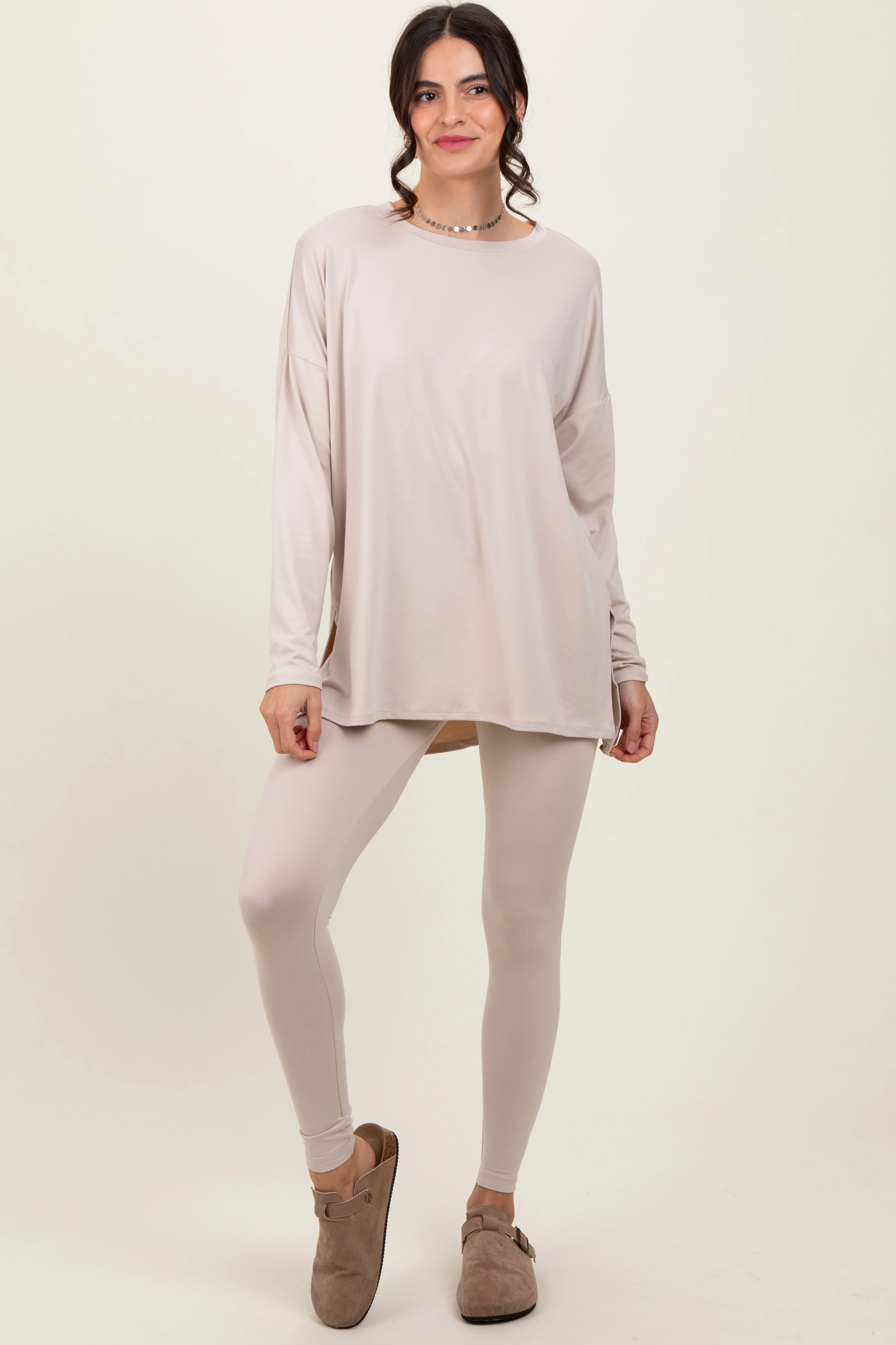 Beige Brushed Knit Maternity Oversized Top and Legging Set - Image 5