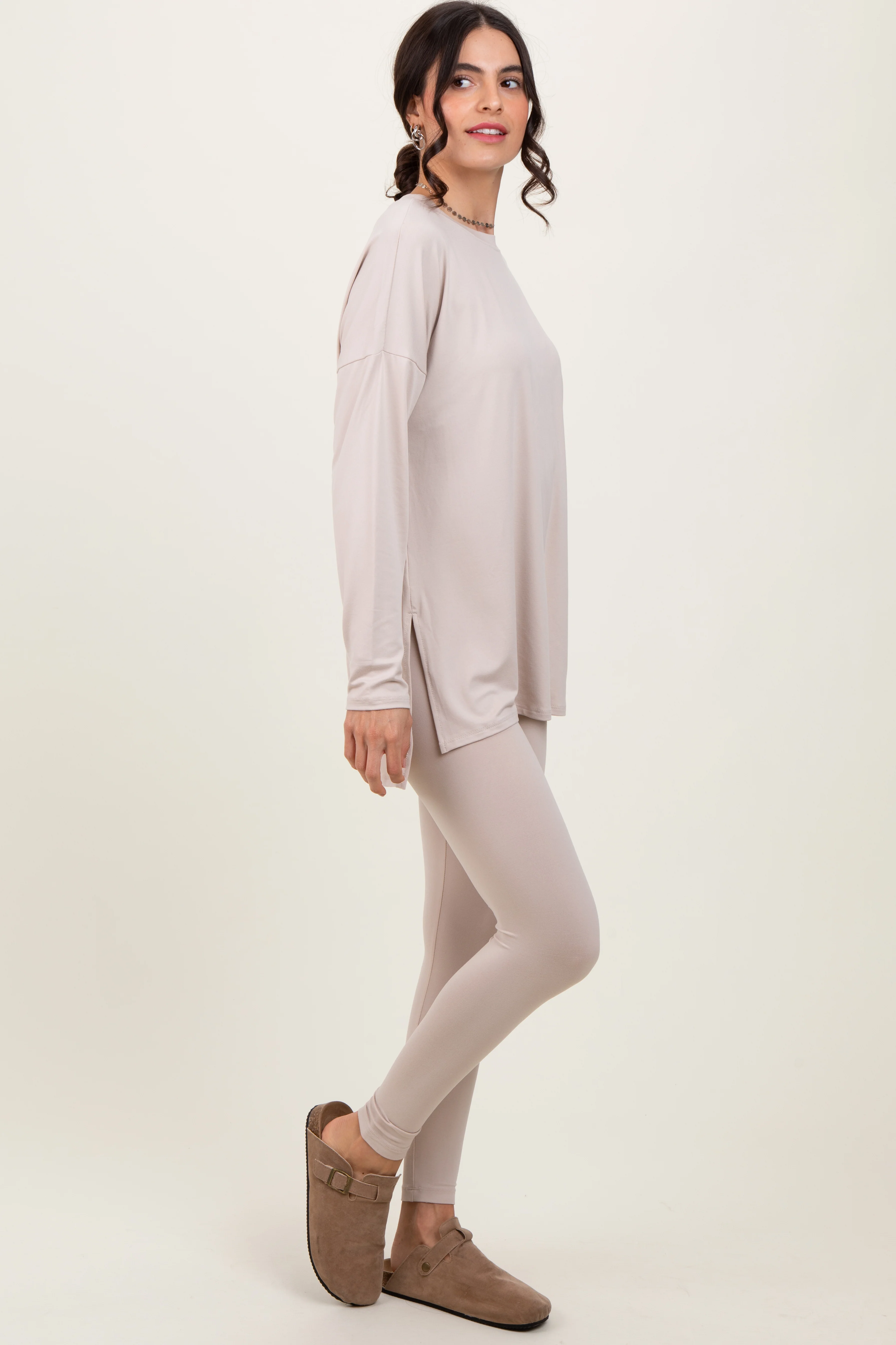 Beige Brushed Knit Oversized Top and Legging Set - Image 2