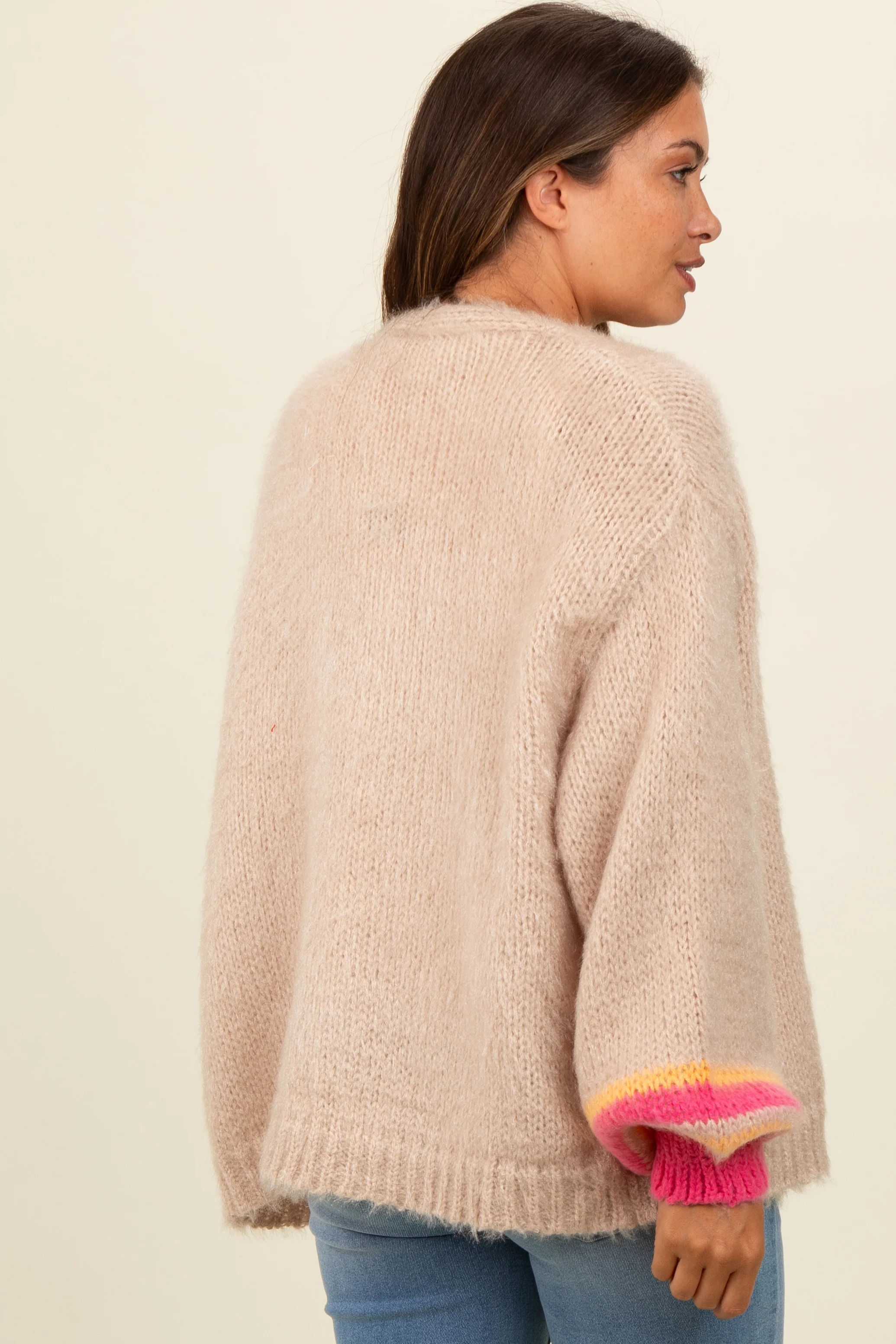 Beige Brushed Knit Striped Sleeve Maternity Cardigan - Image 4