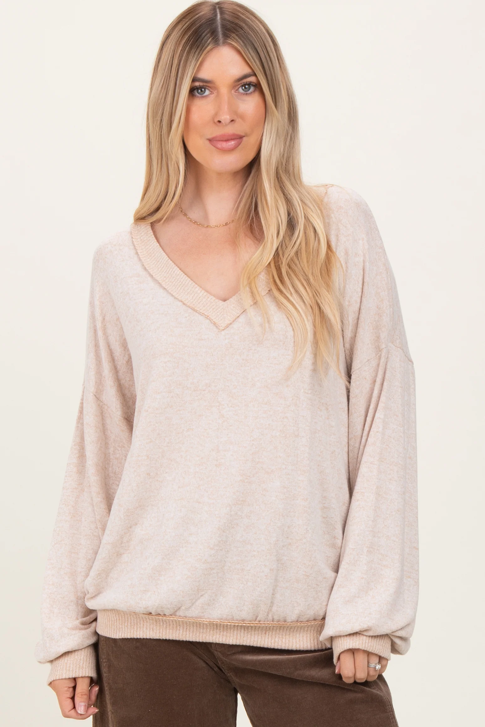 Beige Brushed Long Sleeve Ribbed V-Neck Maternity Top - Image 6