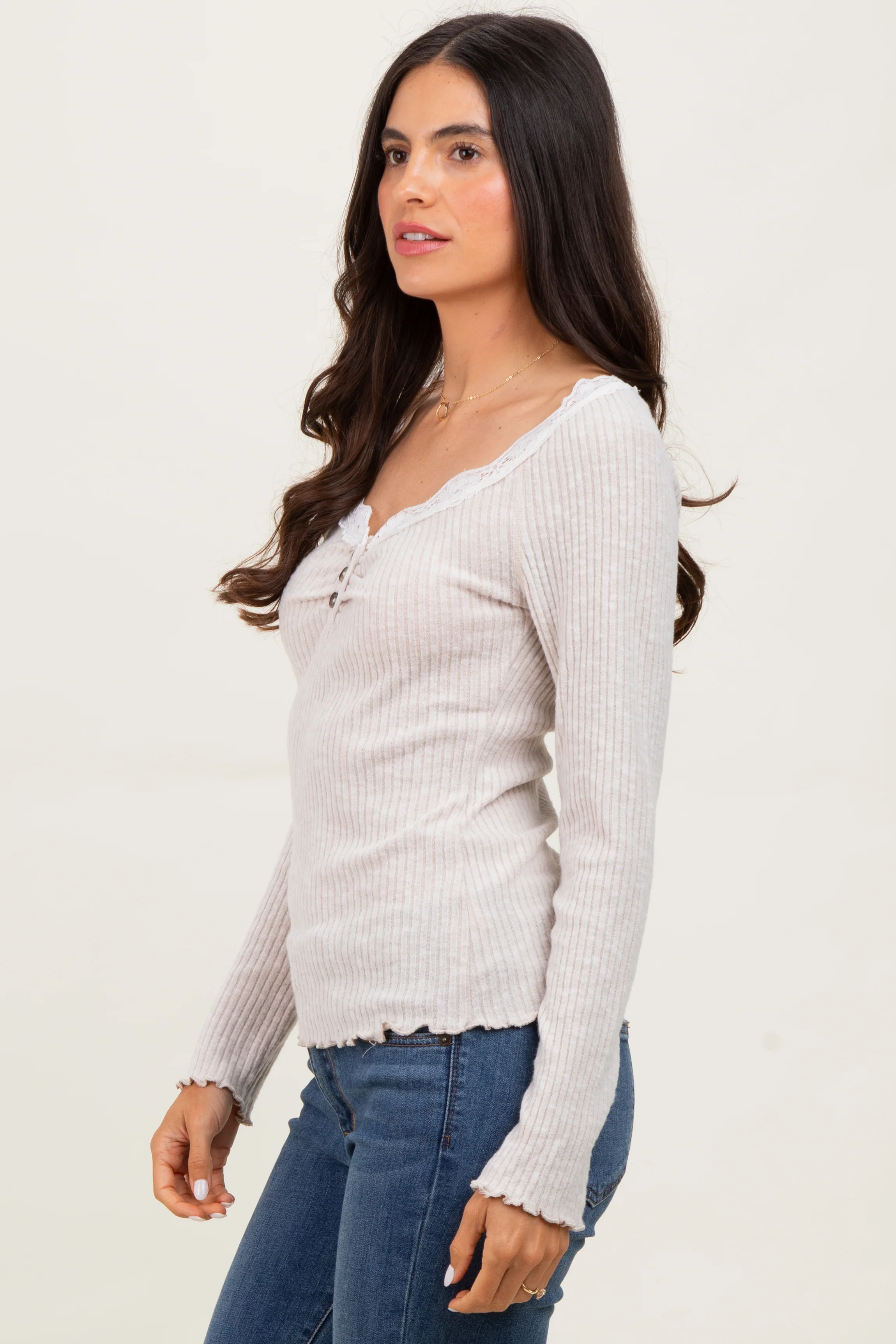Beige Brushed Rib Lace Trimmed Henley Top - Image 3