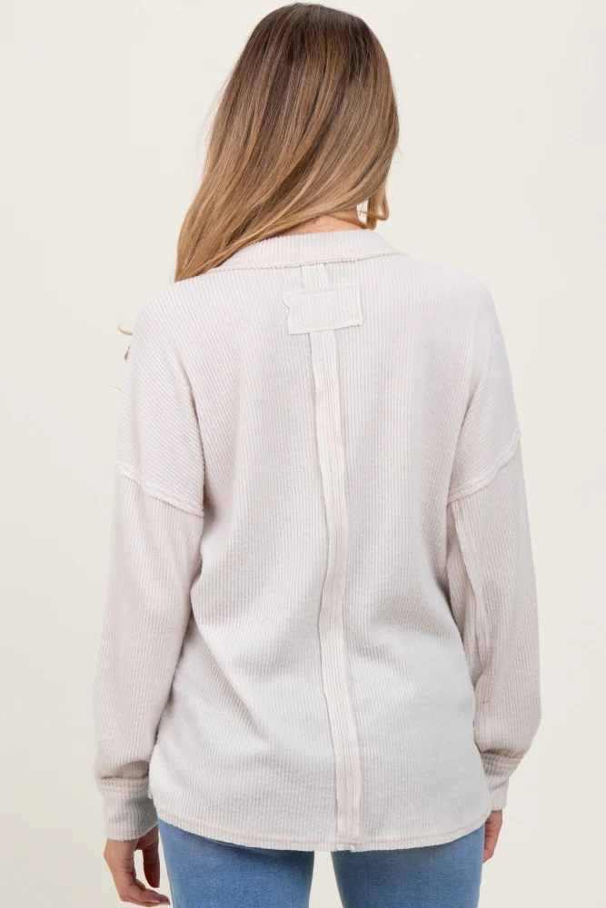 Beige Brushed Ribbed Knit Maternity Pullover - Image 3