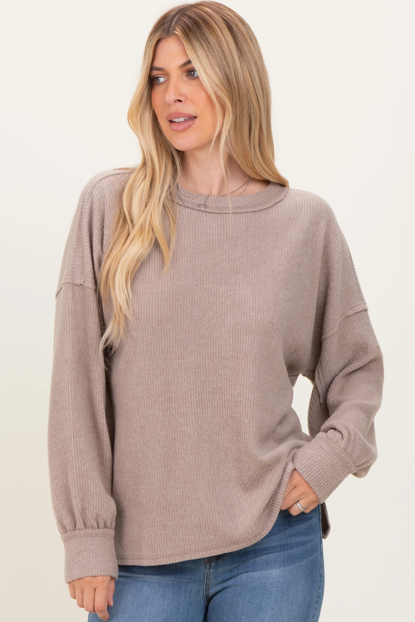 Beige Brushed Ribbed Knit Pullover - Image 2