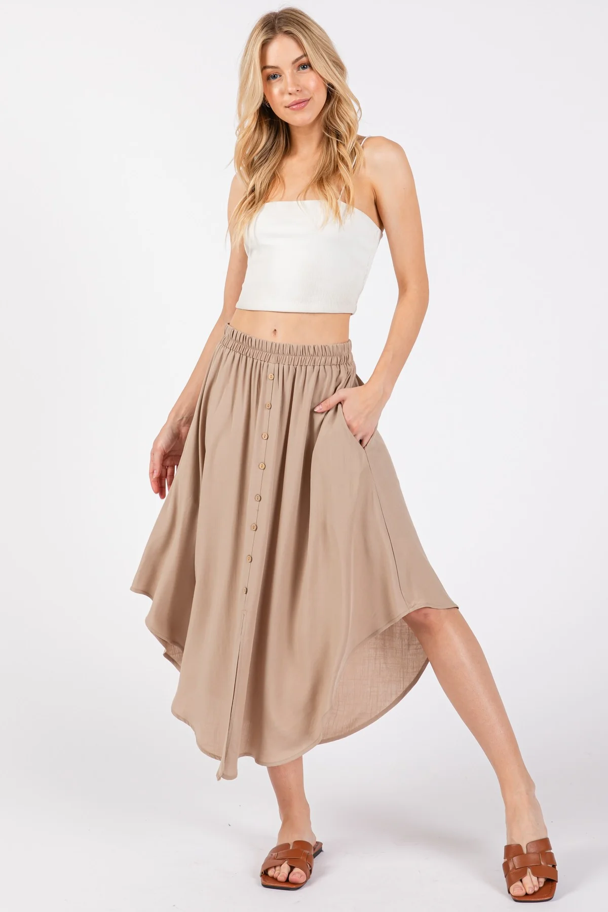 Beige Button Accent Round Hem Maternity Midi Skirt - Image 5