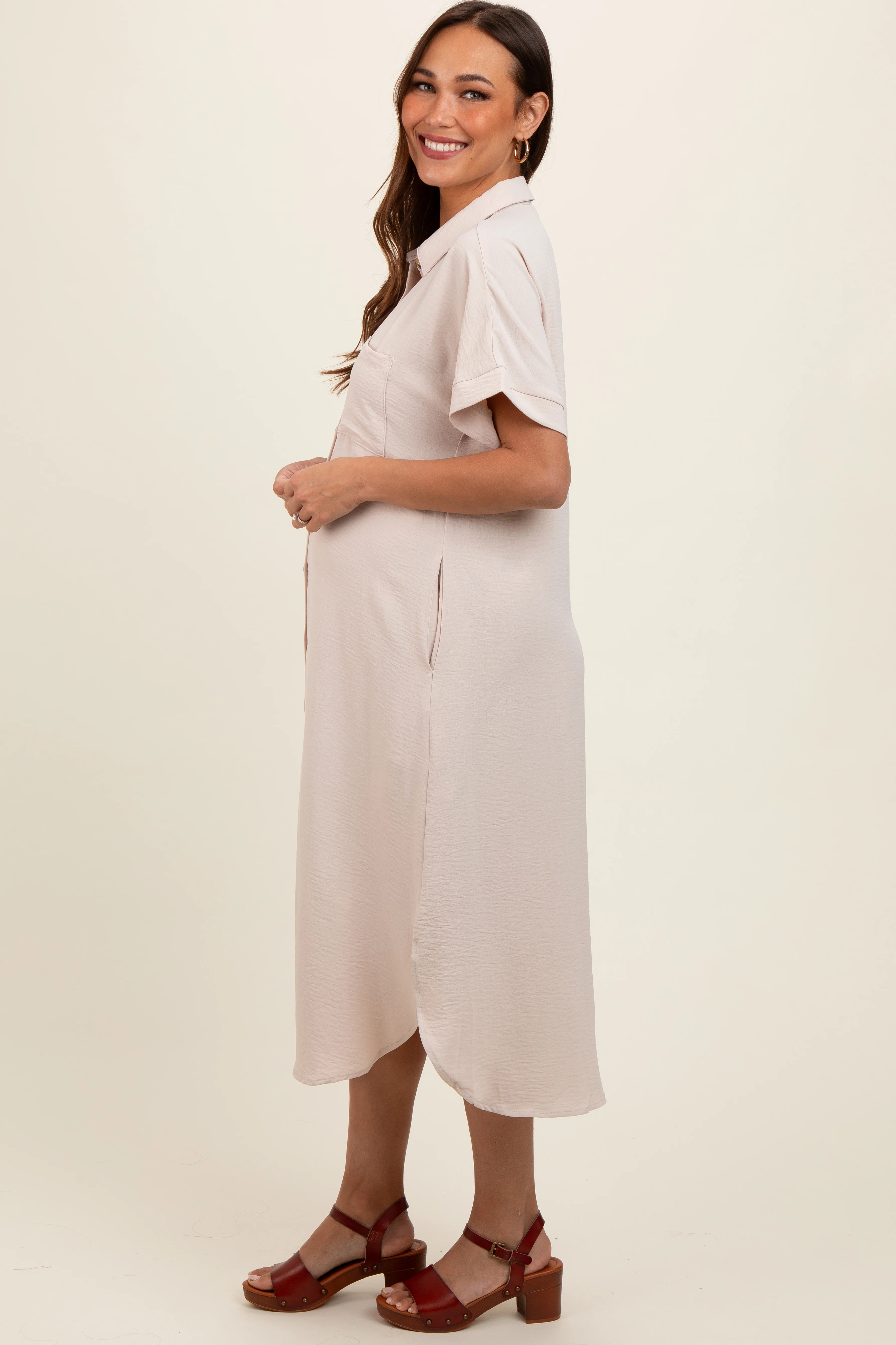 Beige Button Down Front Pocket Maternity Midi Dress - Image 3