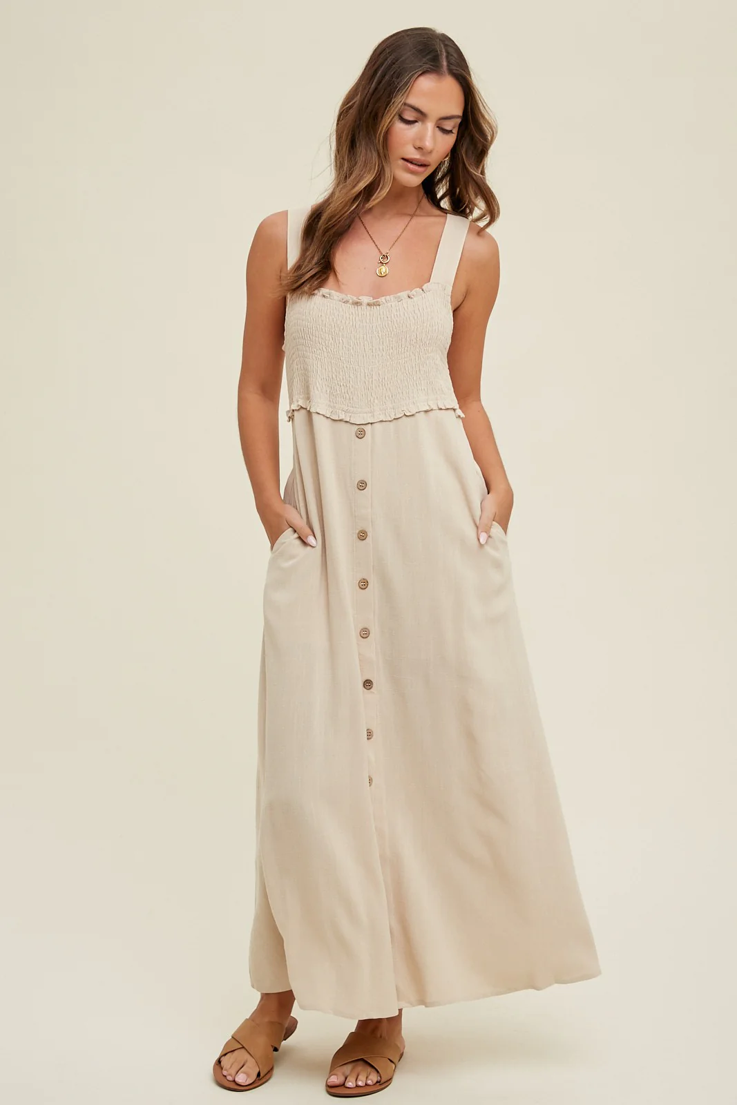 Beige Button Down Smocked Maternity Dress - Image 5