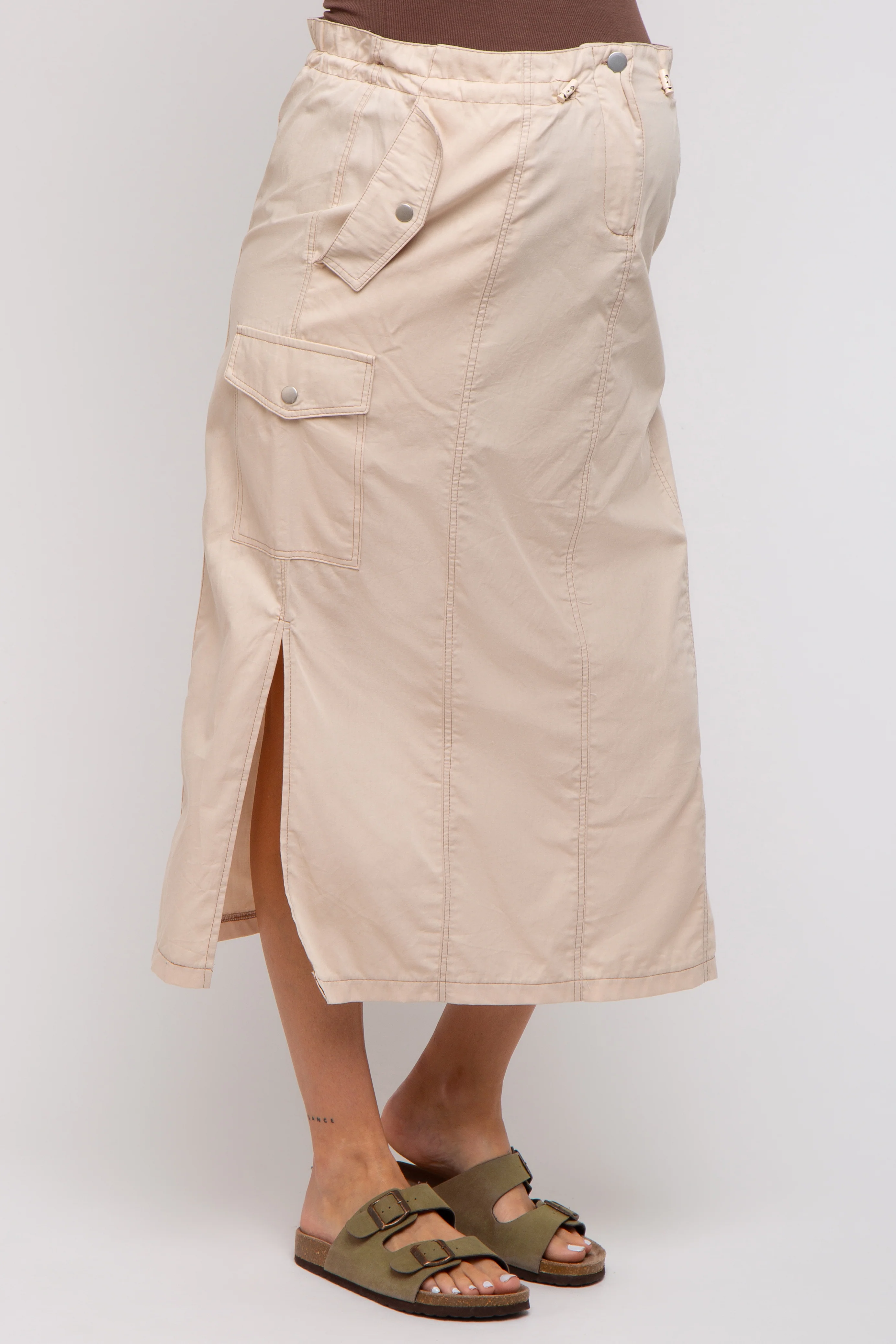 Beige Cargo Cinched Maternity Midi Skirt - Image 3