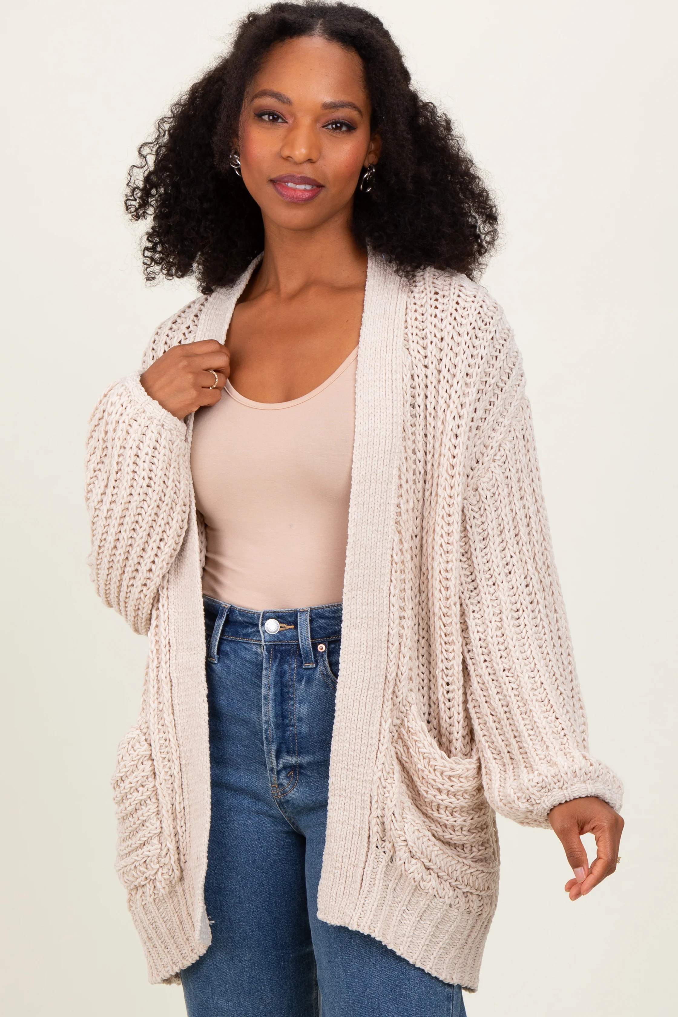 Beige Chunky Knit Oversized Pocket Cardigan - Image 2