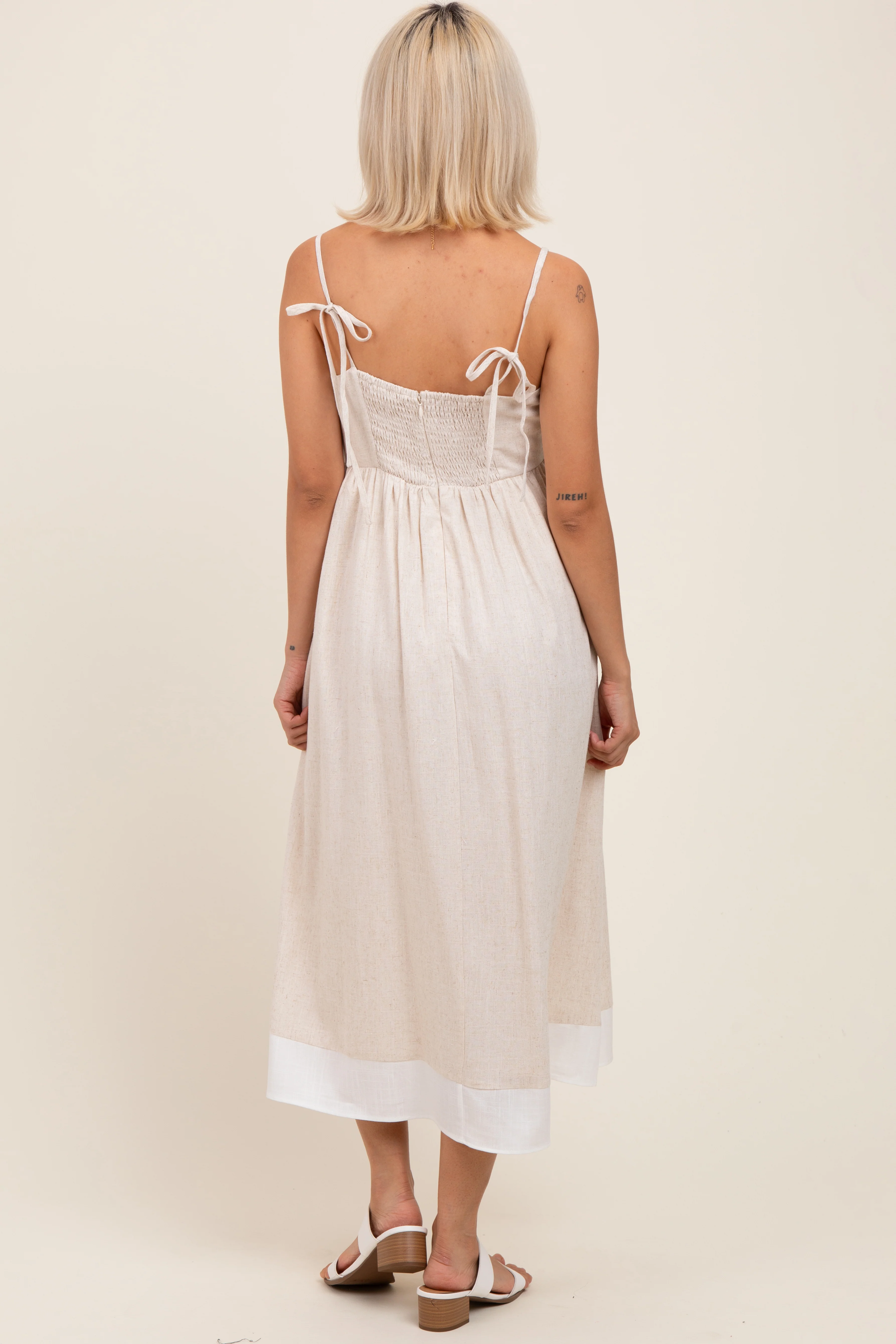 Beige Color Block Back Tie Maternity Midi Dress - Image 4