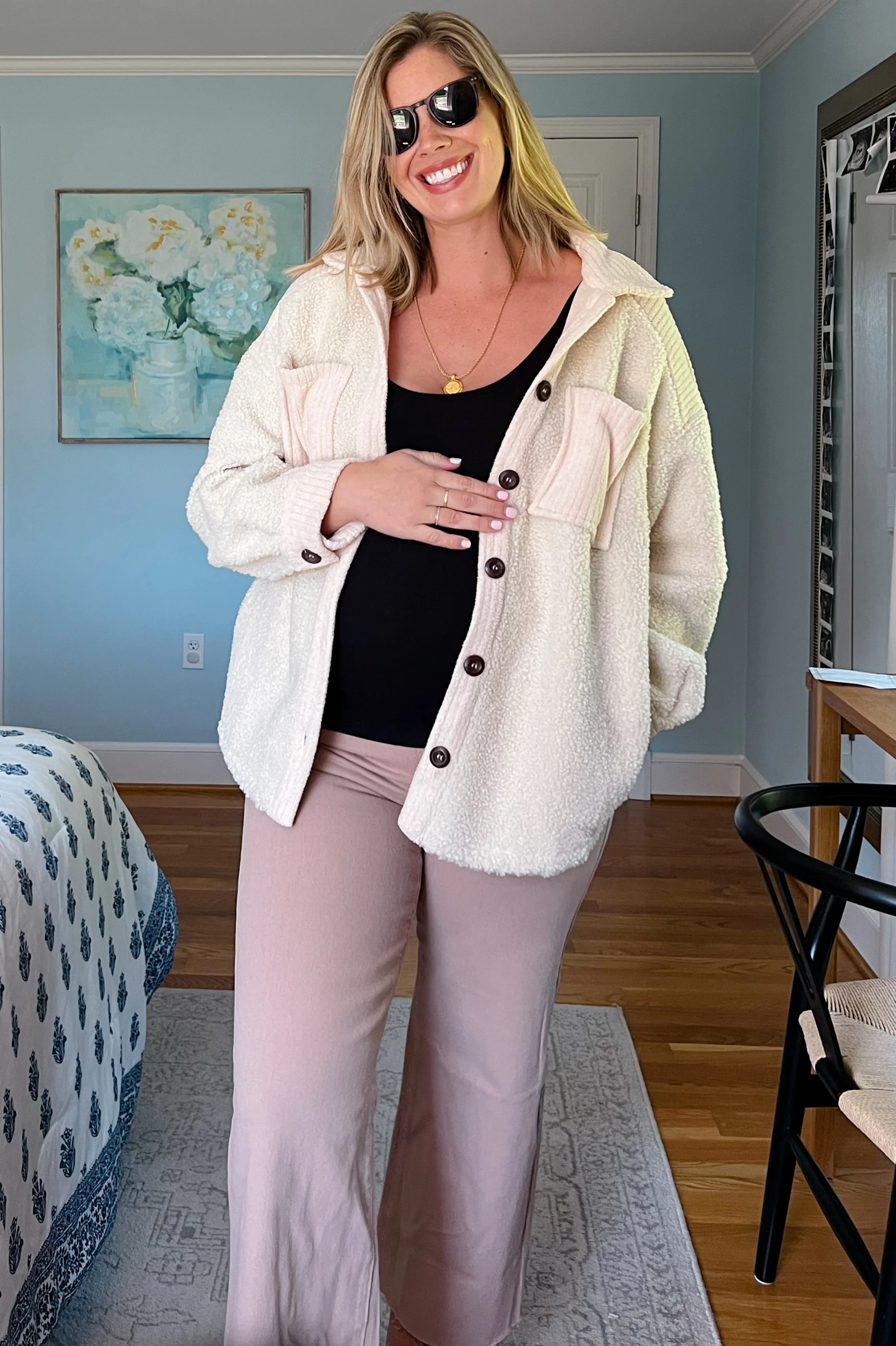 Beige Colorblock Fleece Maternity Shirt Jacket - Image 5