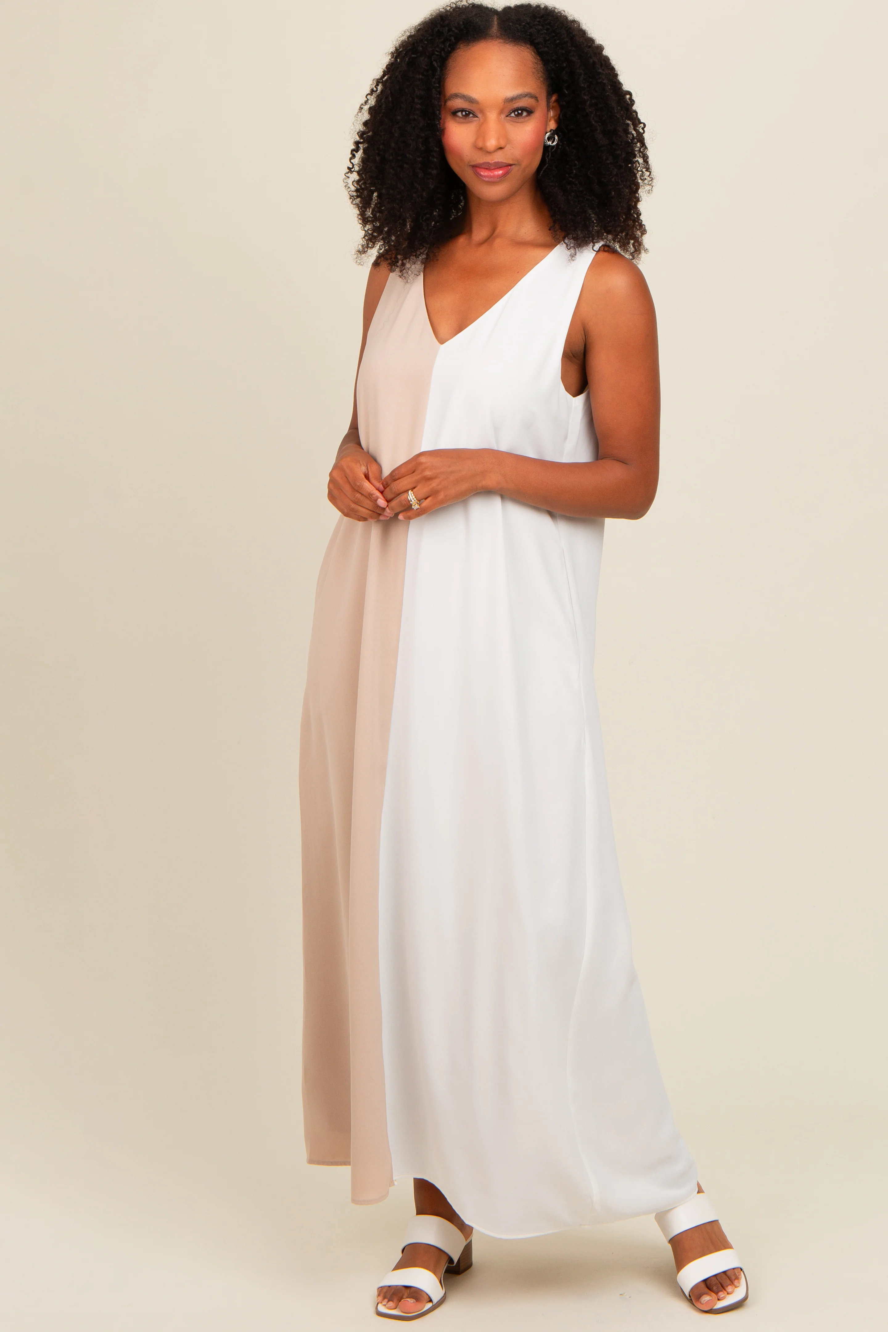 Beige Colorblock Midi Dress - Image 2