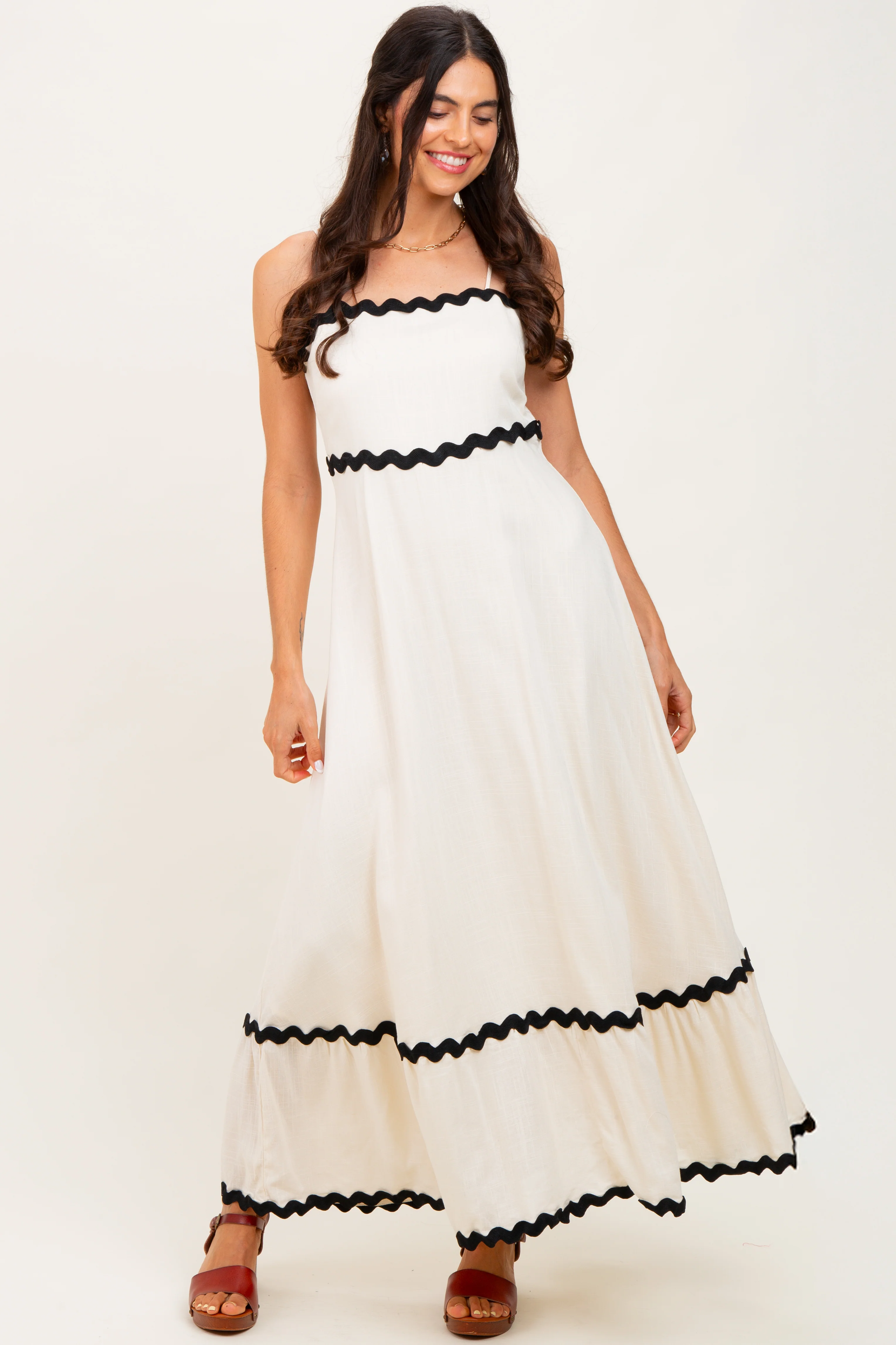 Beige Colorblock Trim Maternity Midi Dress - Image 6