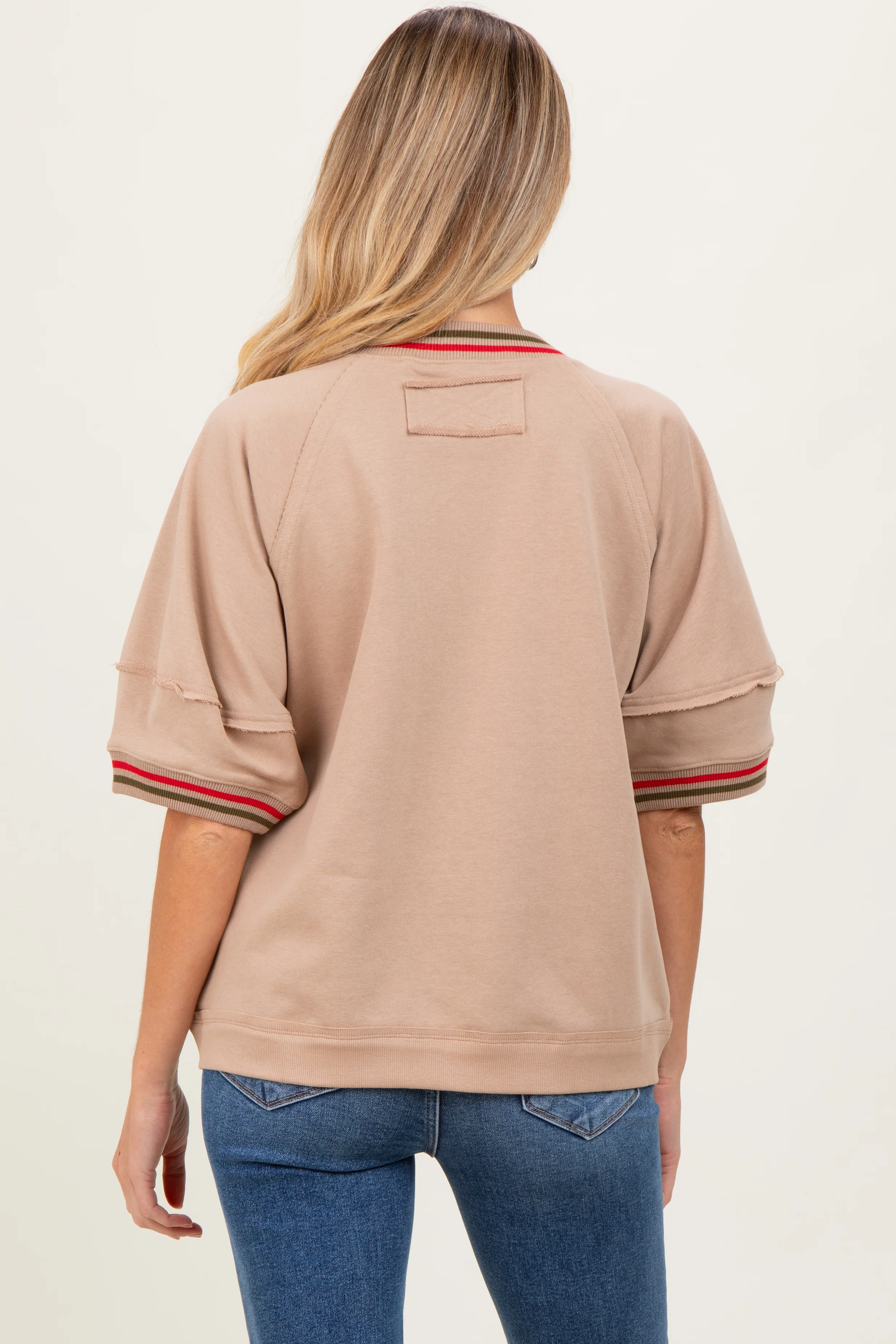 Beige Contrast Trim Short Sleeve Maternity Pullover - Image 5