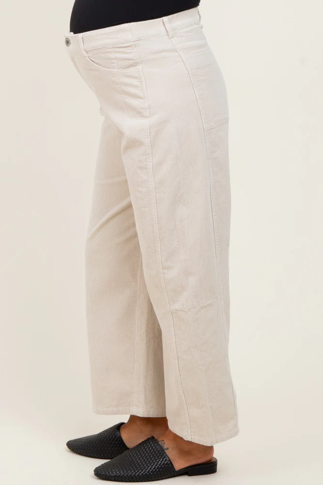 Beige Corduroy Wide Leg Maternity Pants - Image 4
