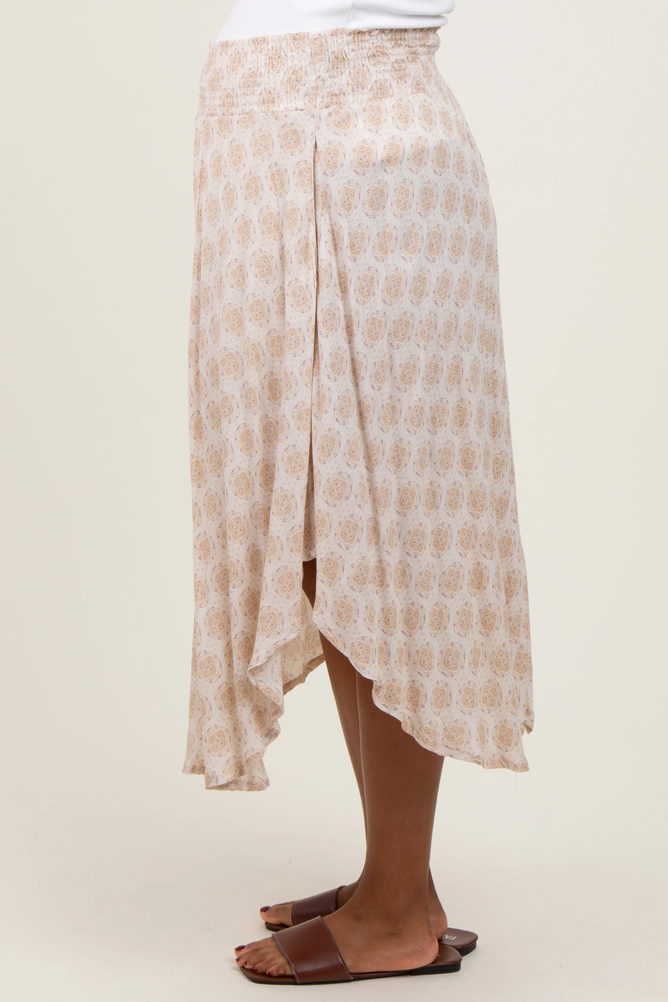 Beige Damask Print Smocked Waistband Maternity Midi Skirt - Image 4