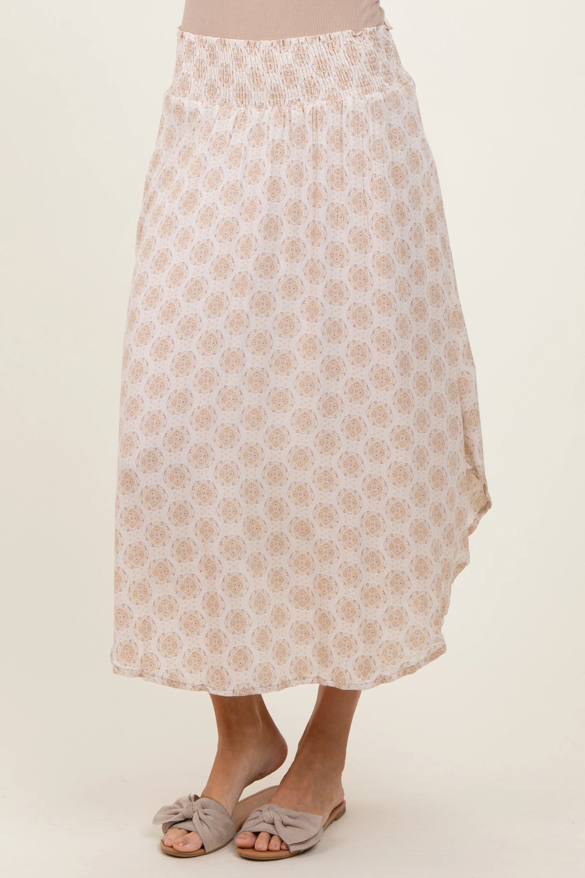 Beige Damask Print Smocked Waistband Midi Skirt - Image 4