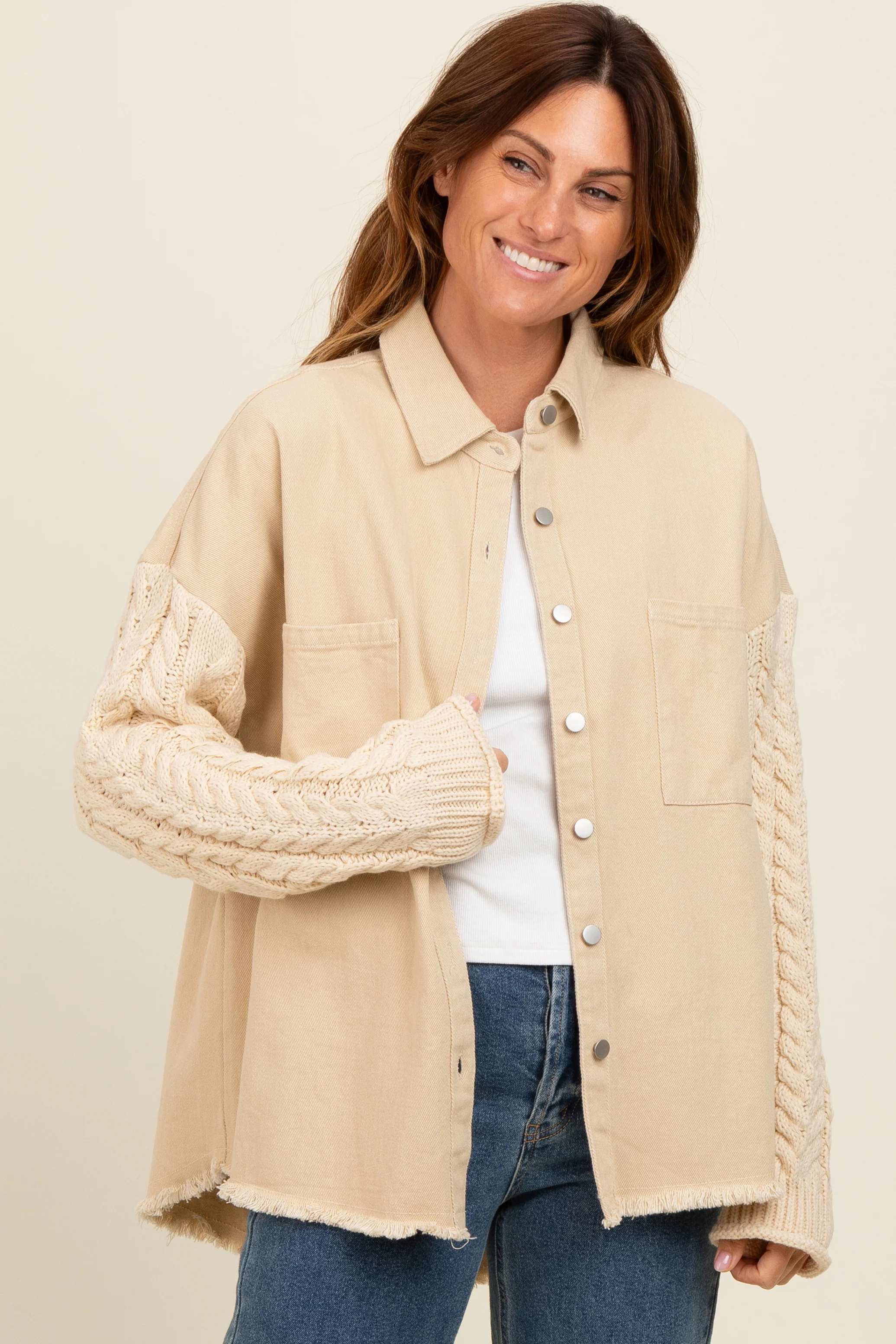 Beige Denim Cable Knit Contrast Maternity Jacket - Image 6
