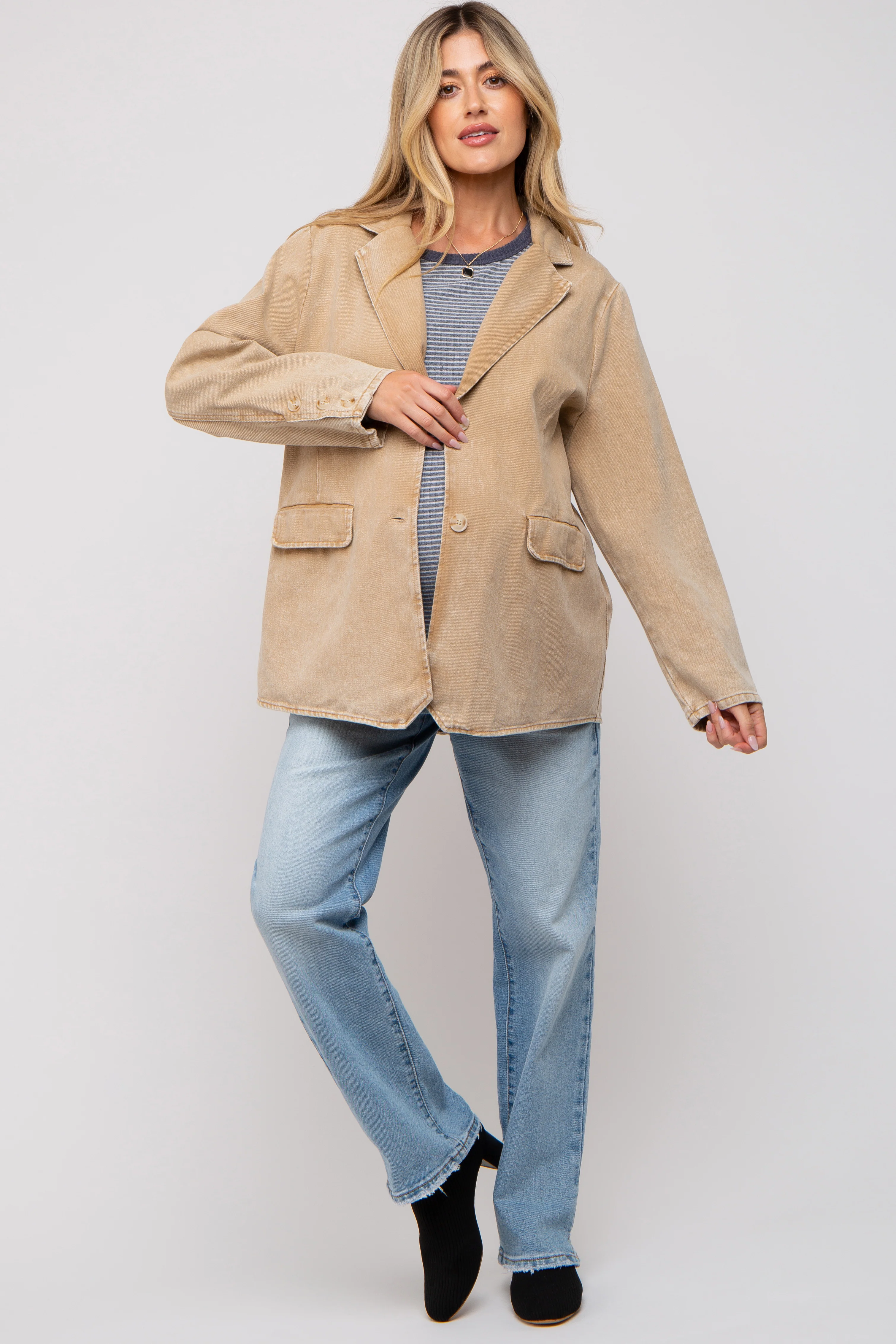 Beige Denim Front Pocket Maternity Blazer - Image 6
