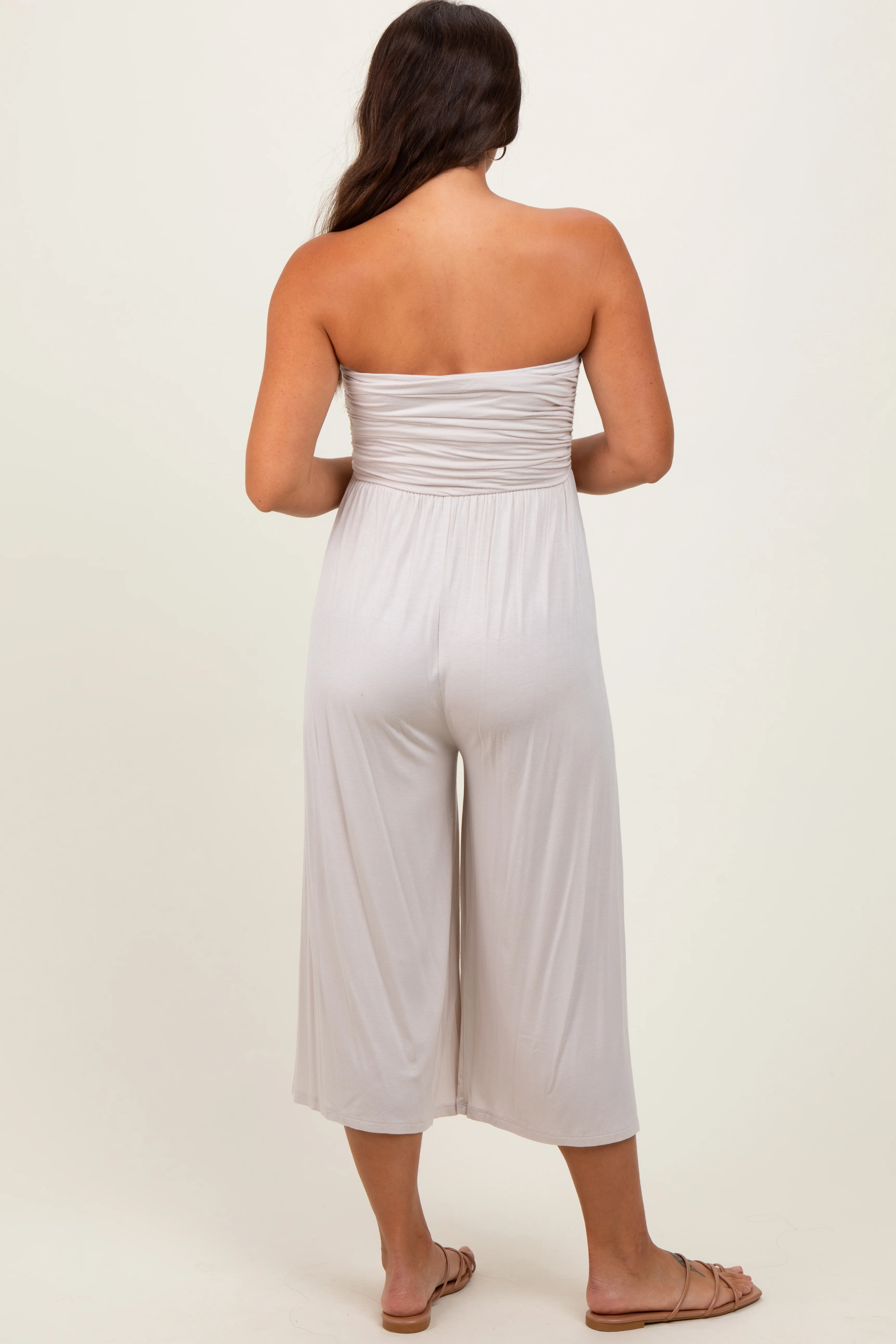 Beige Double Layered Strapless Tube Top Maternity Jumpsuit - Image 4