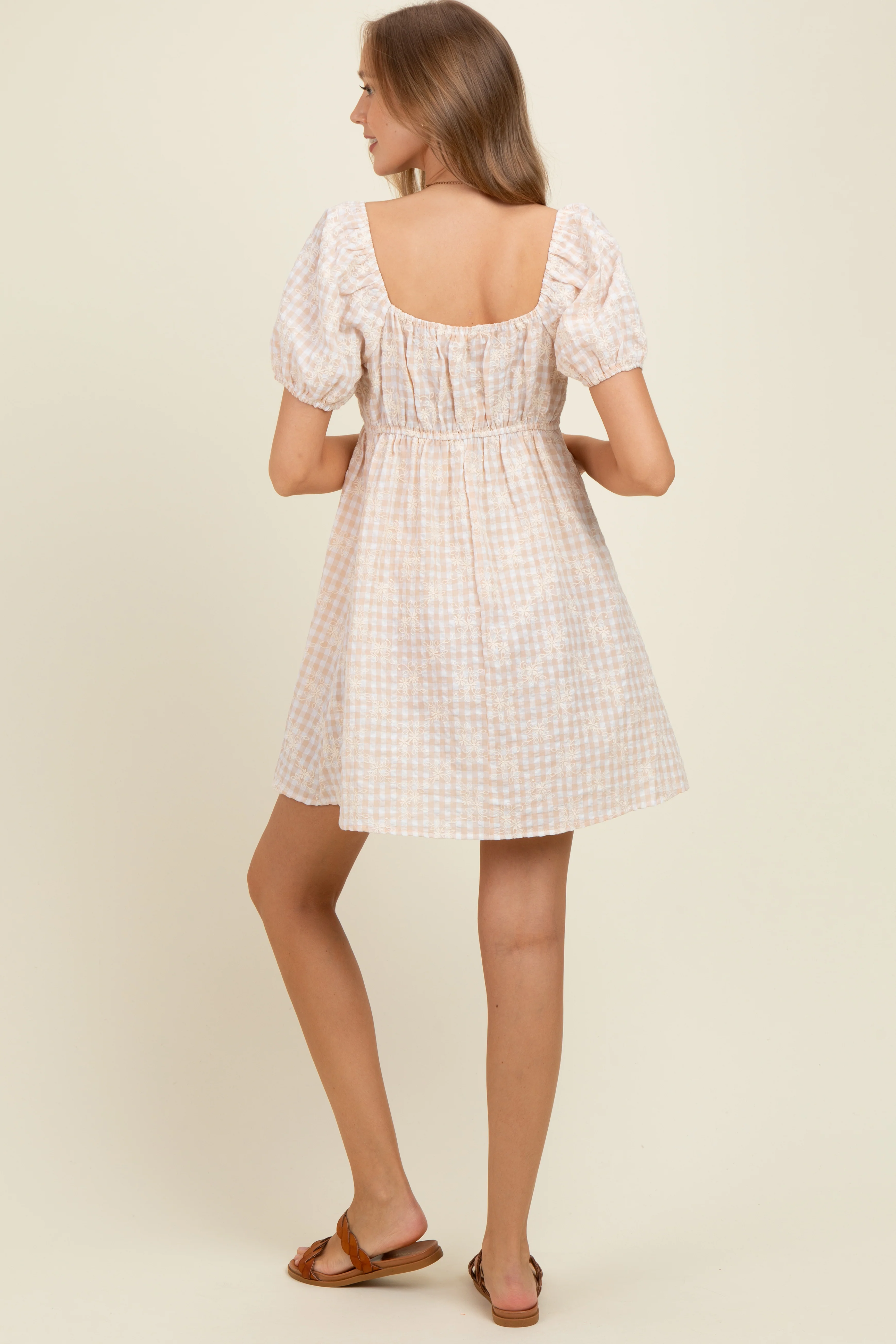 Beige Embroidered Gingham Sweetheart Neck Maternity Mini Dress - Image 4