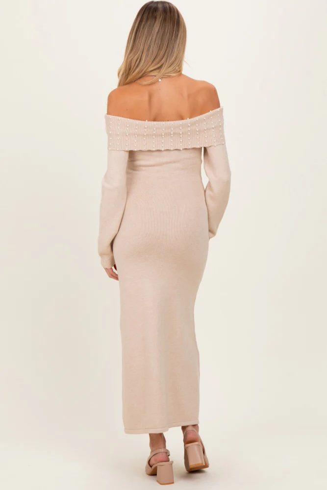 Beige Faux Pearl Detail Off Shoulder Maternity Sweater Dress - Image 4