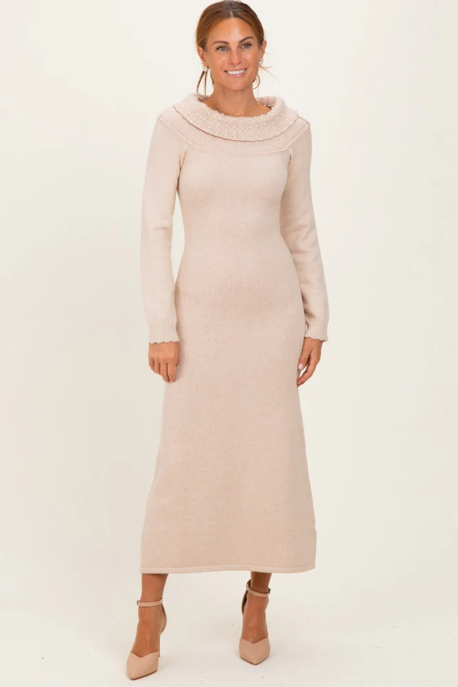 Beige Faux Pearl Detail Off Shoulder Maternity Sweater Dress - Image 6