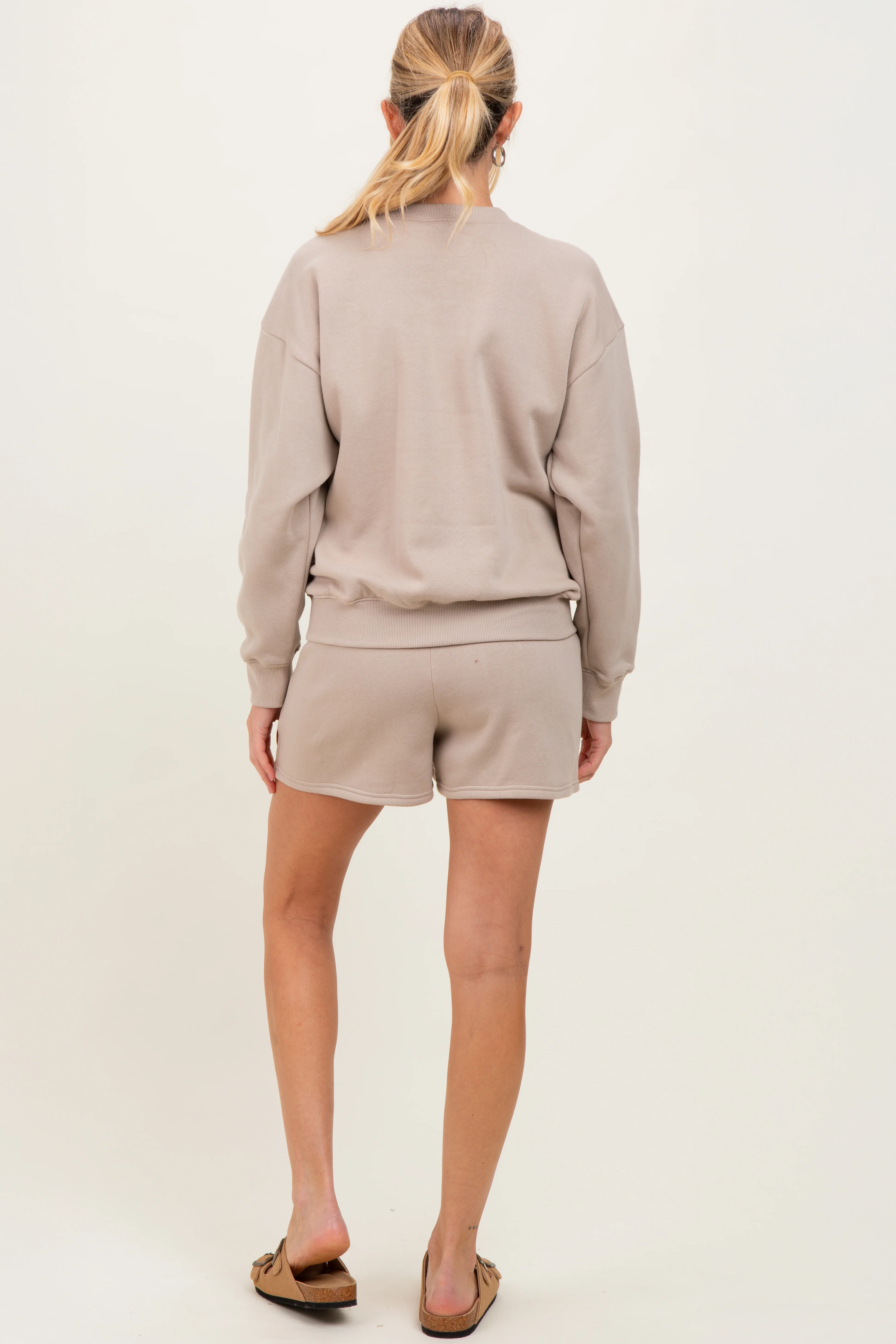 Beige Fleece Sweatshirt Shorts Maternity Set - Image 4