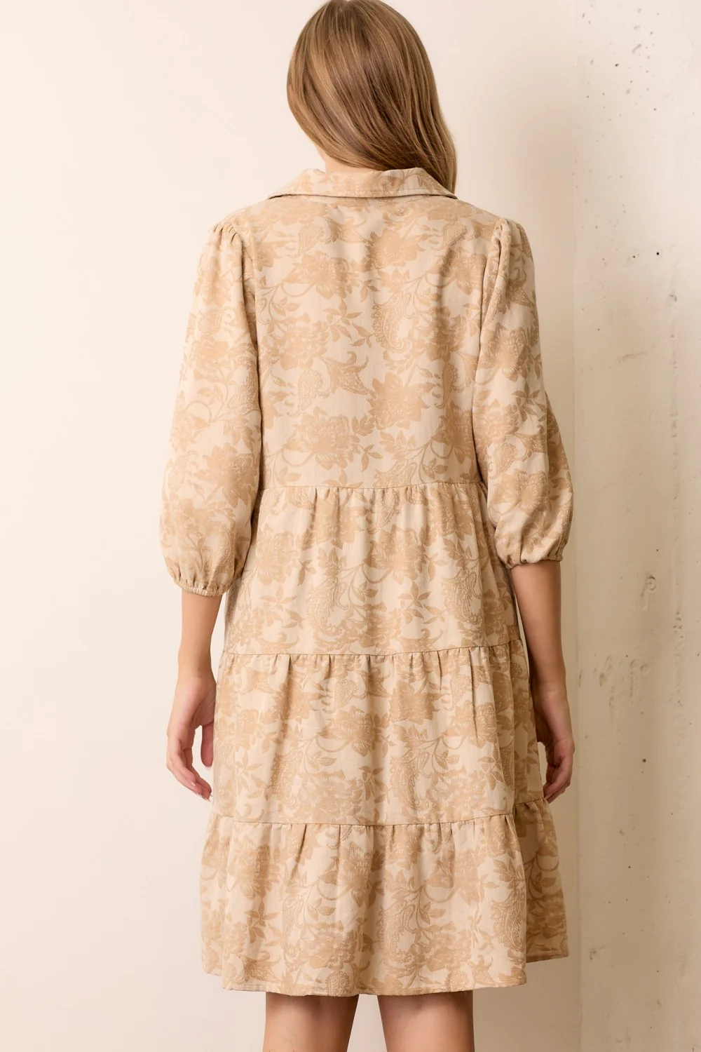 Beige Floral Button 3/4 Long Sleeve Midi Dress - Image 4
