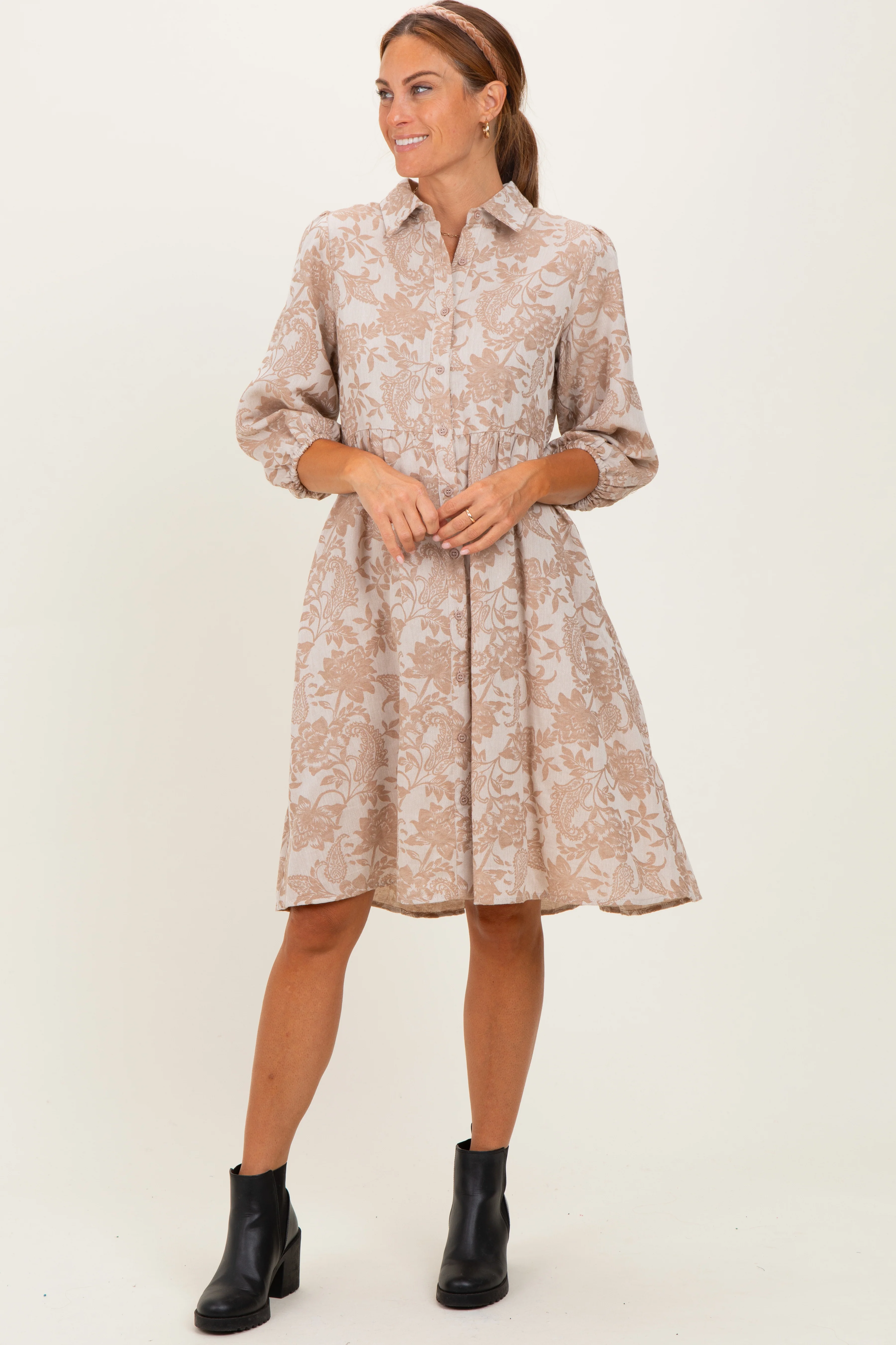 Beige Floral Button Down 3/4 Sleeve Maternity Midi Dress - Image 4