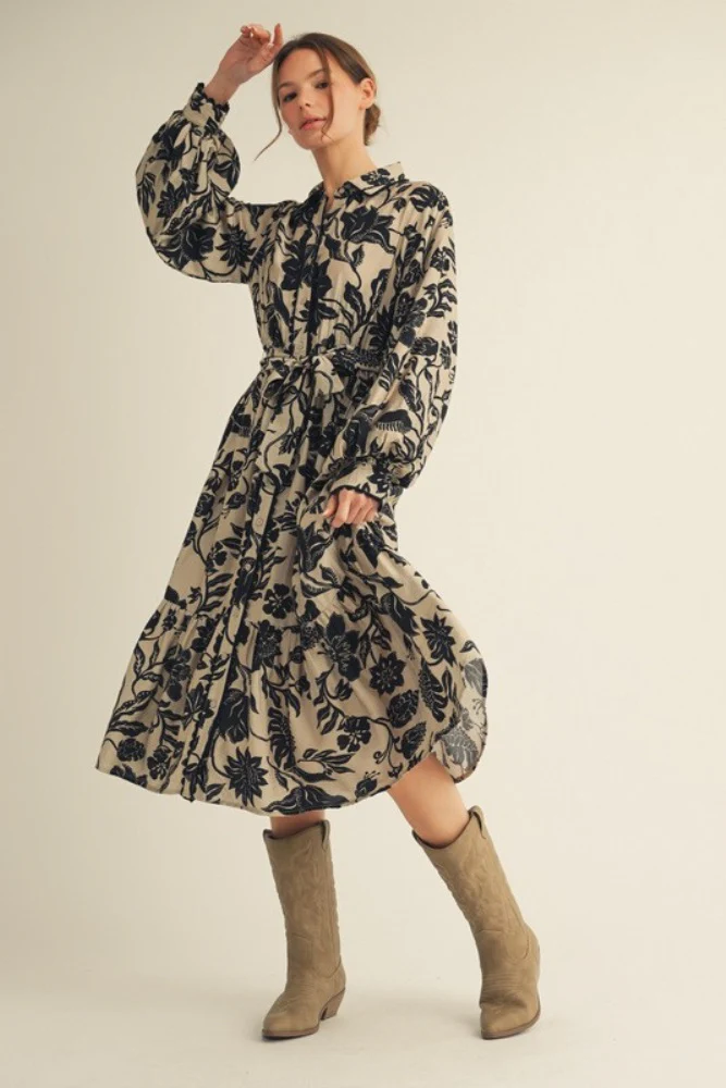 Beige Floral Button Down Bubble Sleeve Shirt Dress