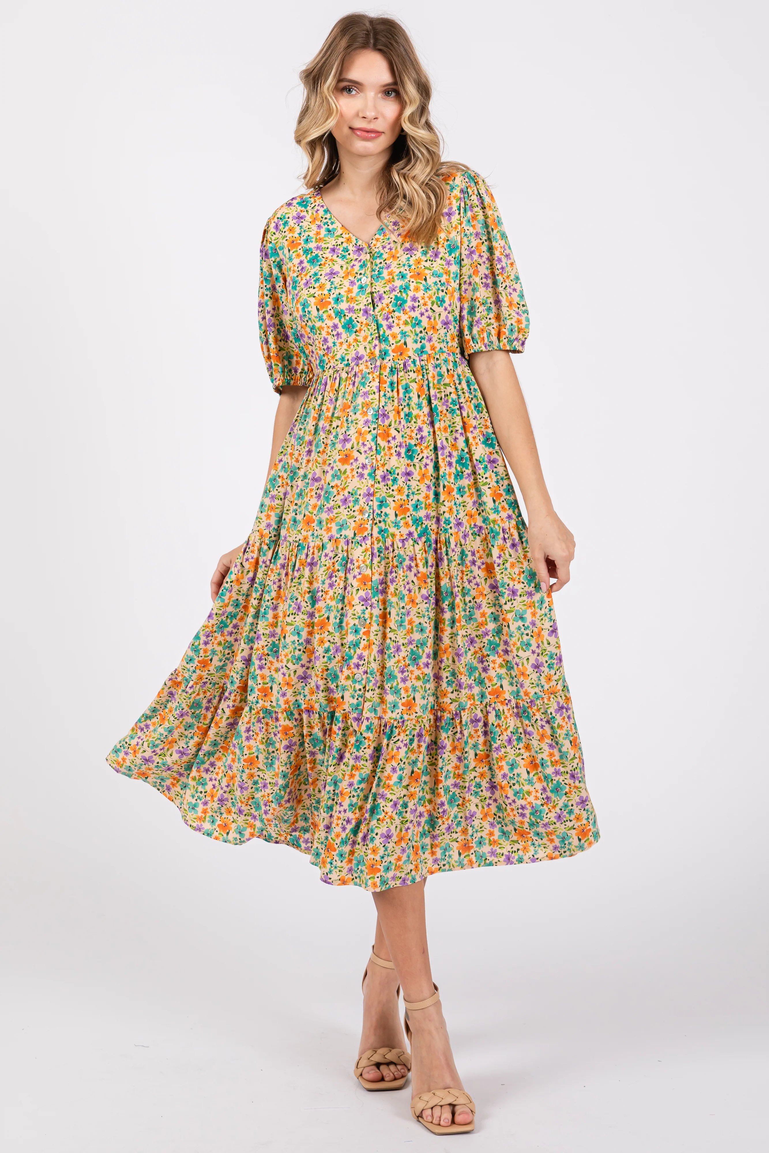 Beige Floral Button Front Ruffle Hem Maternity Midi Dress - Image 4