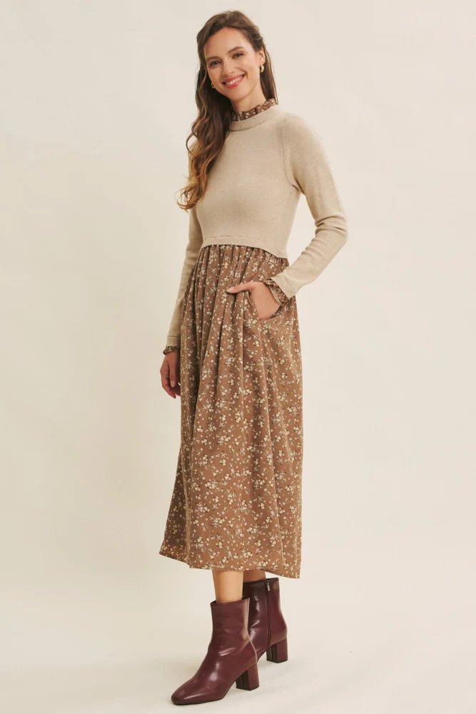 Beige Floral Contrast Knit Top Midi Dress - Image 3