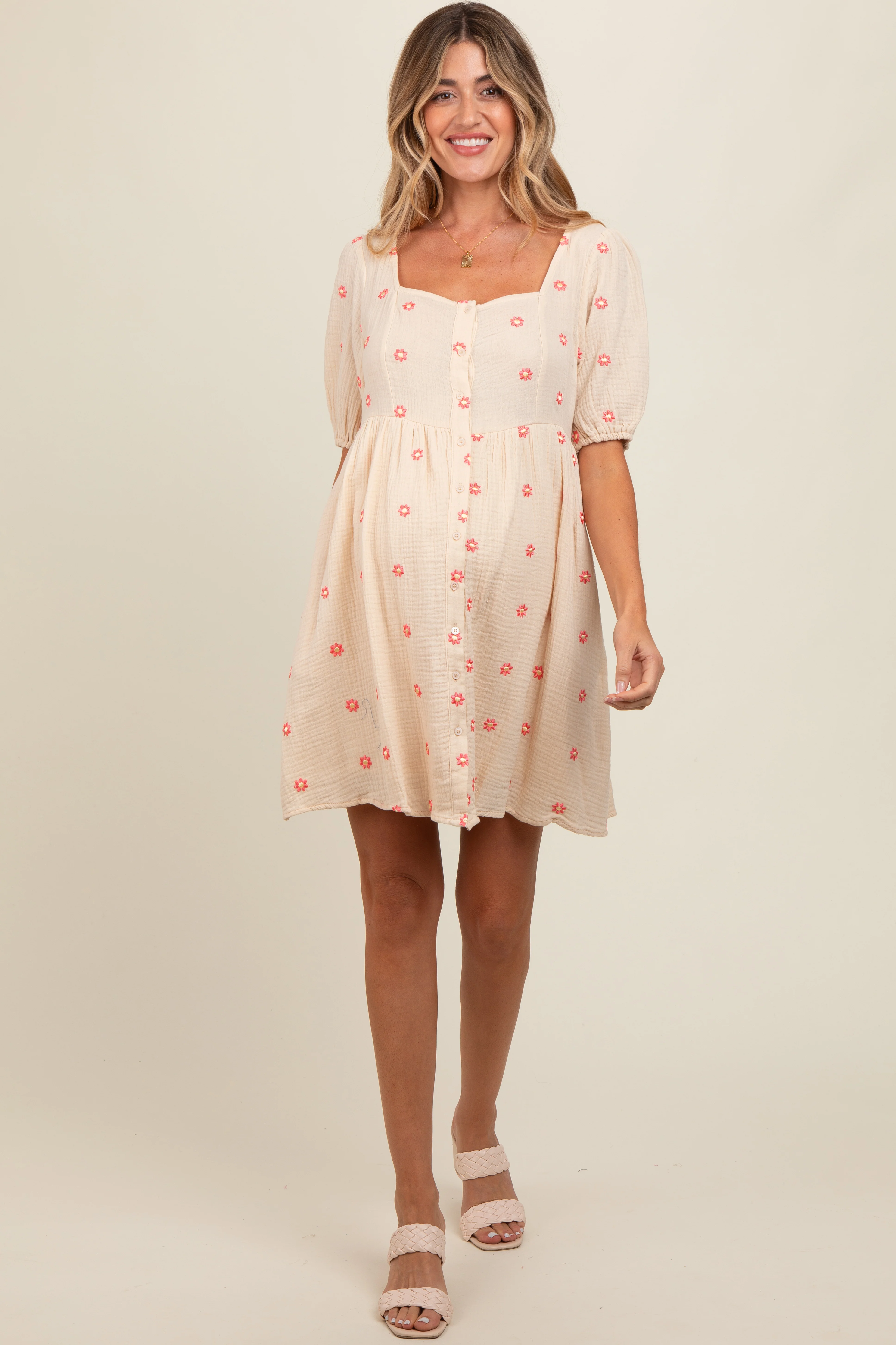 Beige Floral Embroidered Button Front Short Sleeve Maternity Dress - Image 2
