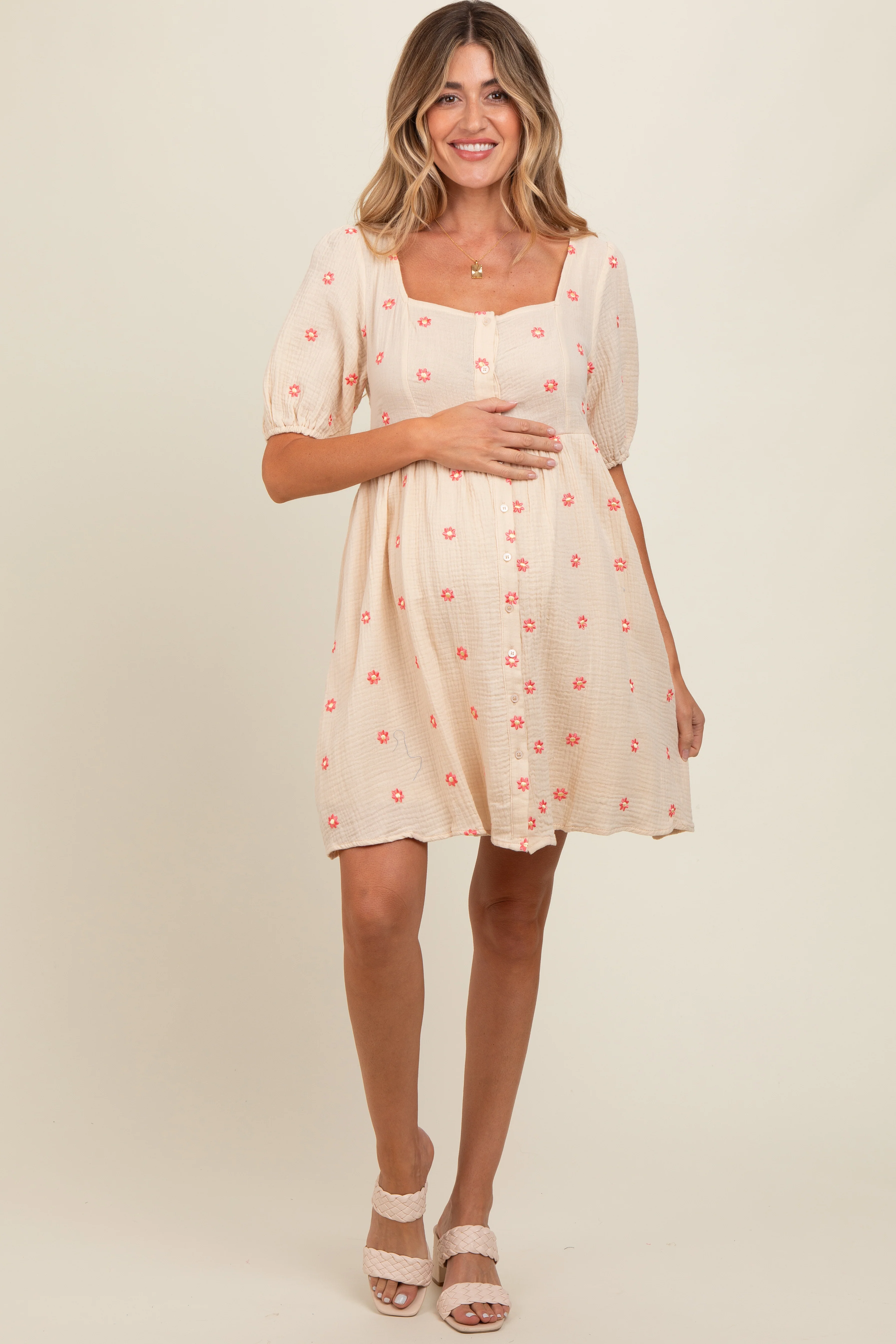 Beige Floral Embroidered Button Front Short Sleeve Maternity Dress - Image 3