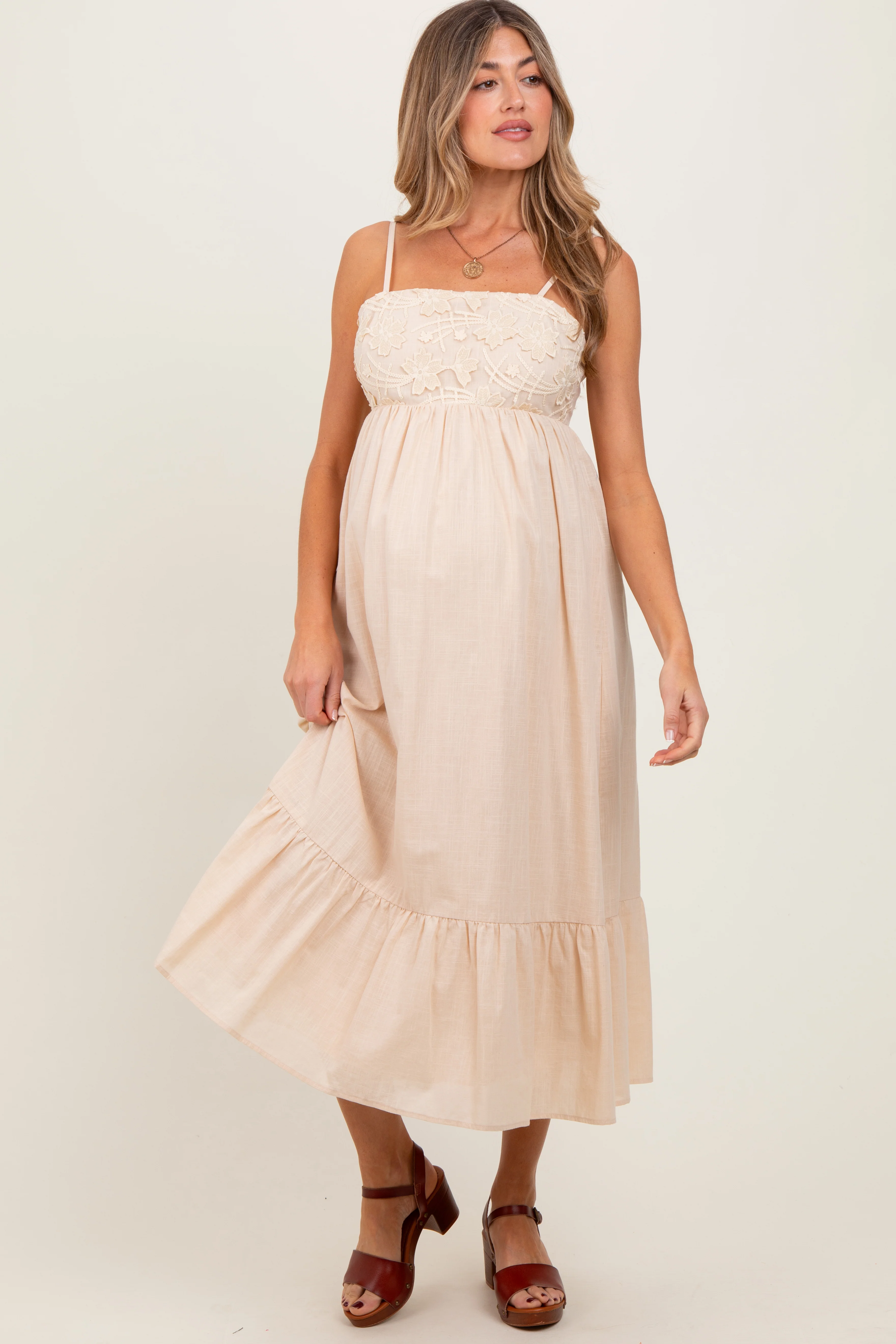 Beige Floral Embroidery Back Ribbon Maternity Midi Dress
